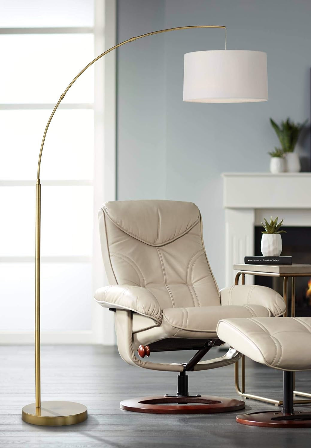 Cora Modern Arched Task Floor Lamp Standing 72" Tall Brushed Nickel Silver off White Linen Fabric Drum Shade for Living Room Reading House Bedroom Home Decor