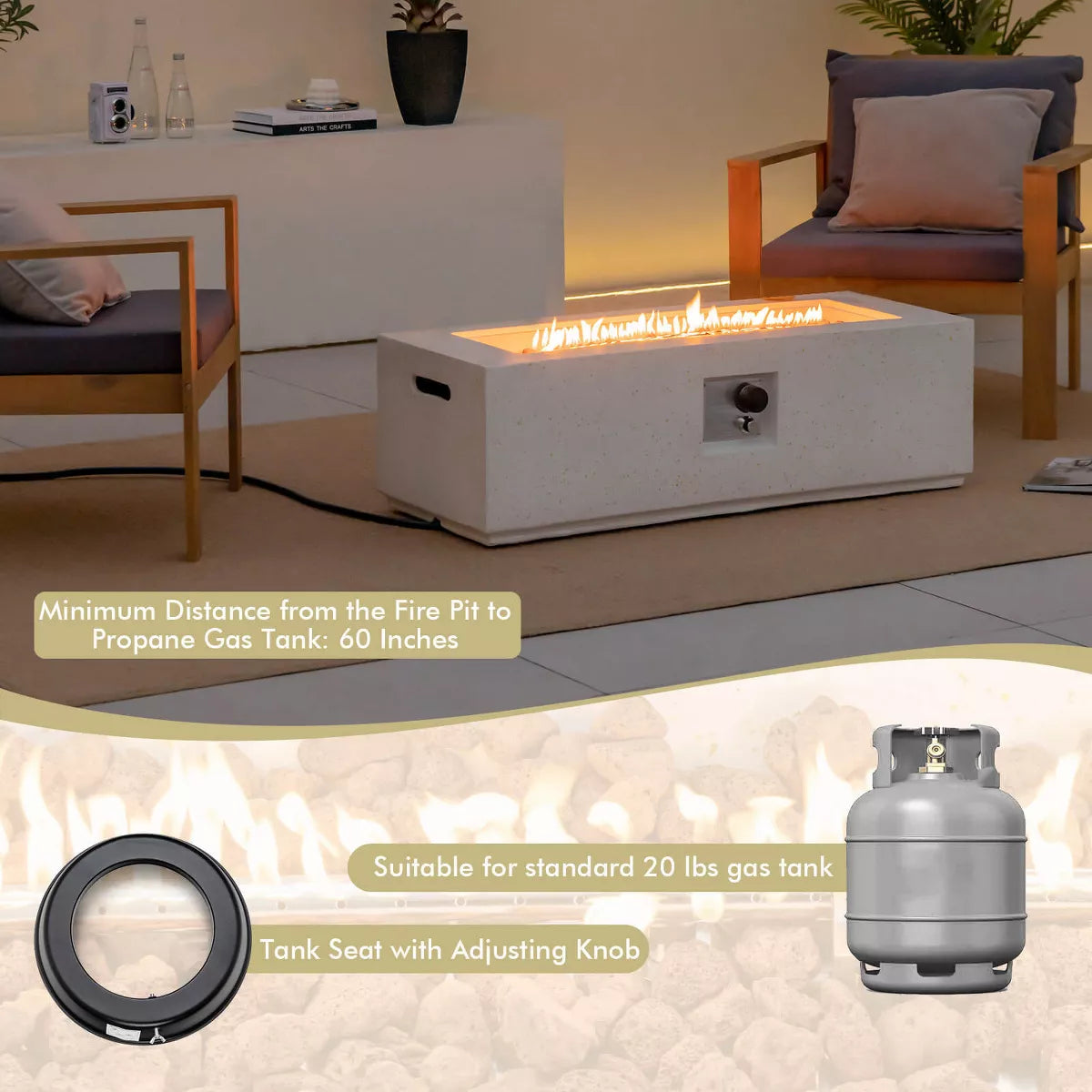 Costway 42'' Terrazzo Fire Pit Table 50,000 BTU Rectangle Propane Fire Pit with PVC Cover