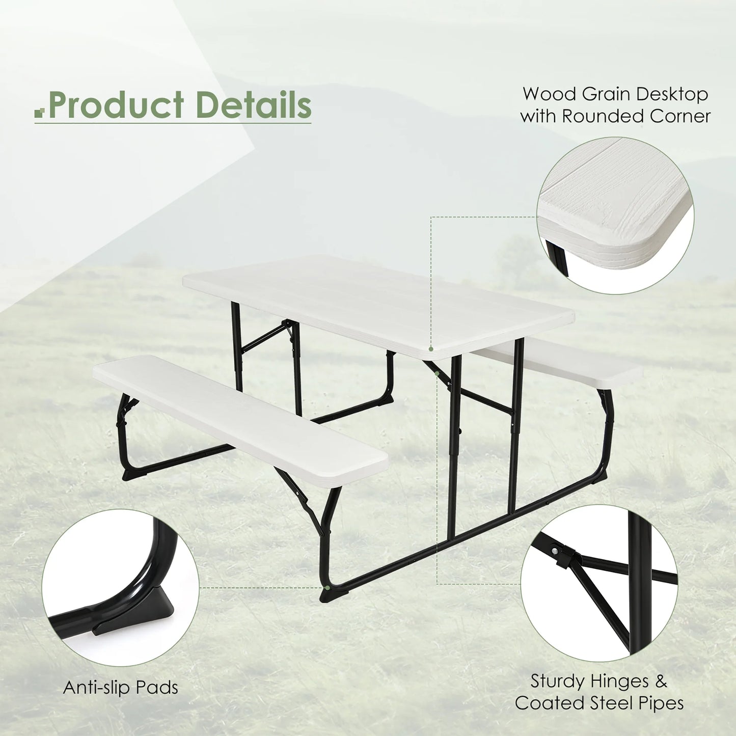 Folding Metal Picnic Table Set, White