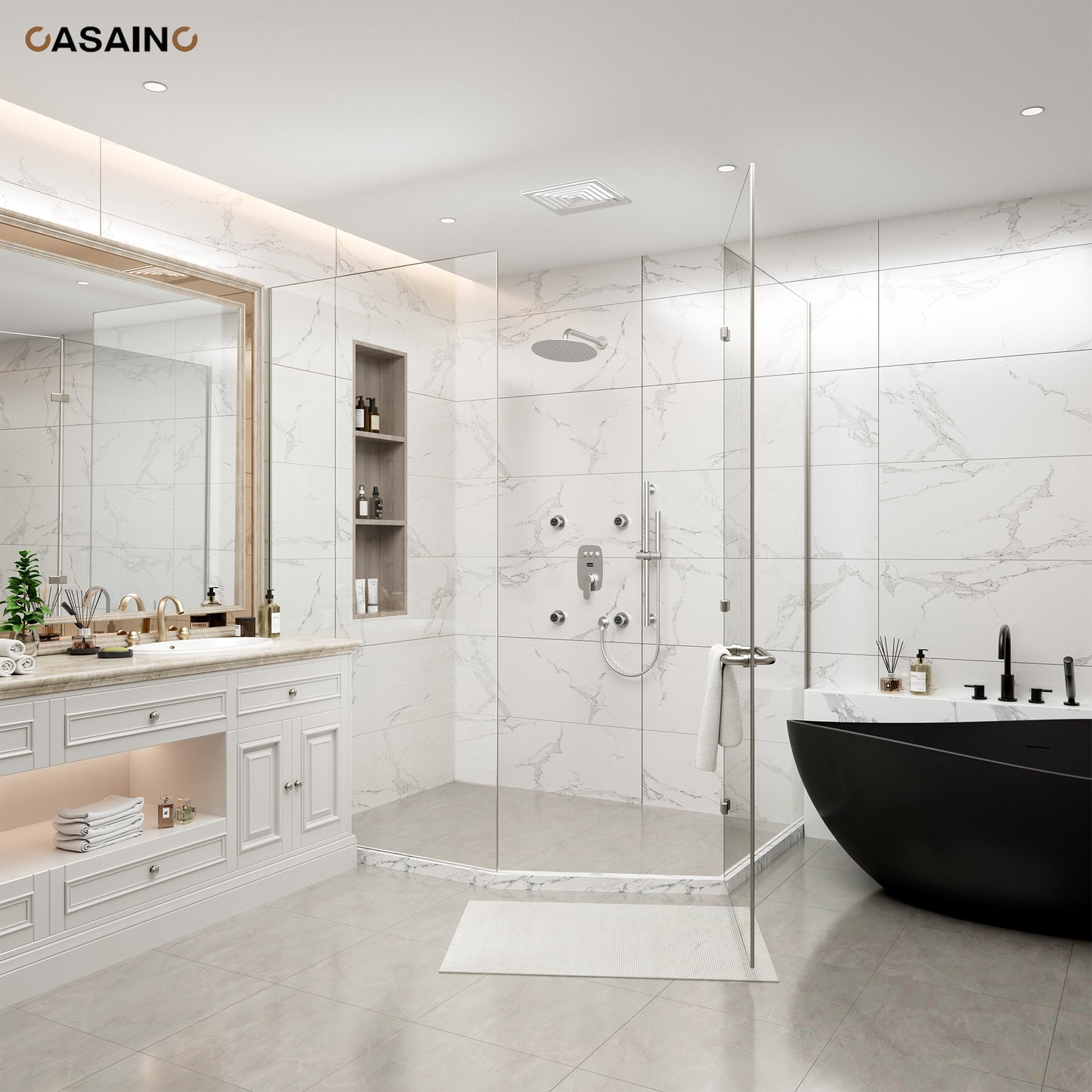CASAINC 12 inch Wall Mounted Round Shower System Set with Handheld Spray Grab Bar & 4 Body Jets