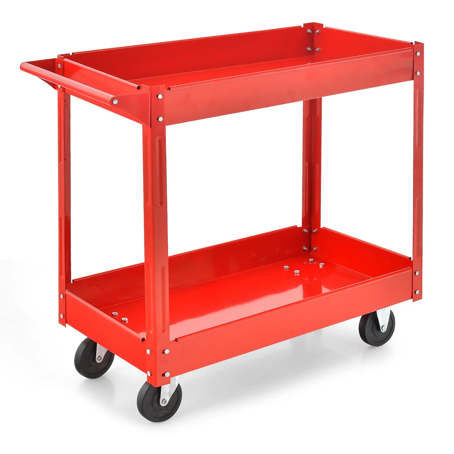 2-Tier Utility Cart Metal Service Cart Rolling Tool Storage Organizer with Handle Red
