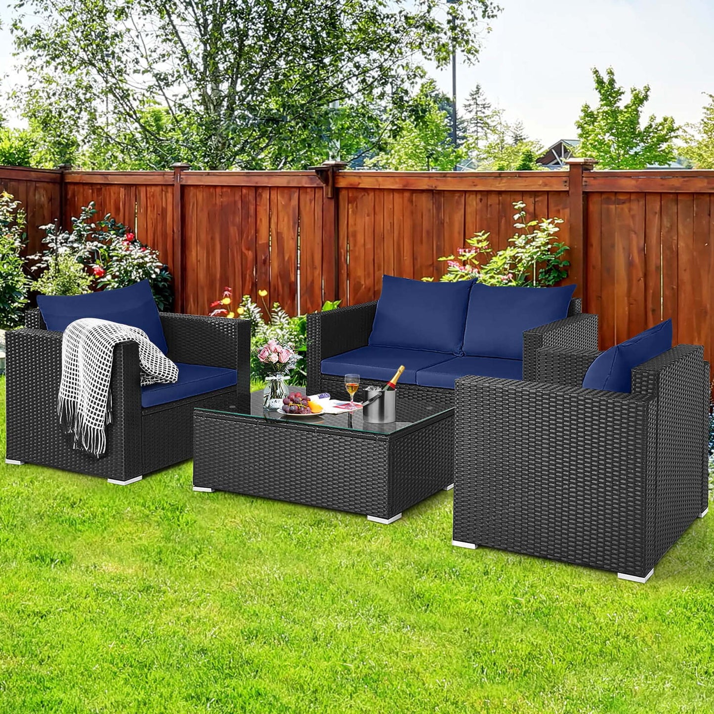 4 PCS Patio Rattan Furniture Set Cushioned Sofa Chair Coffee Table Blue