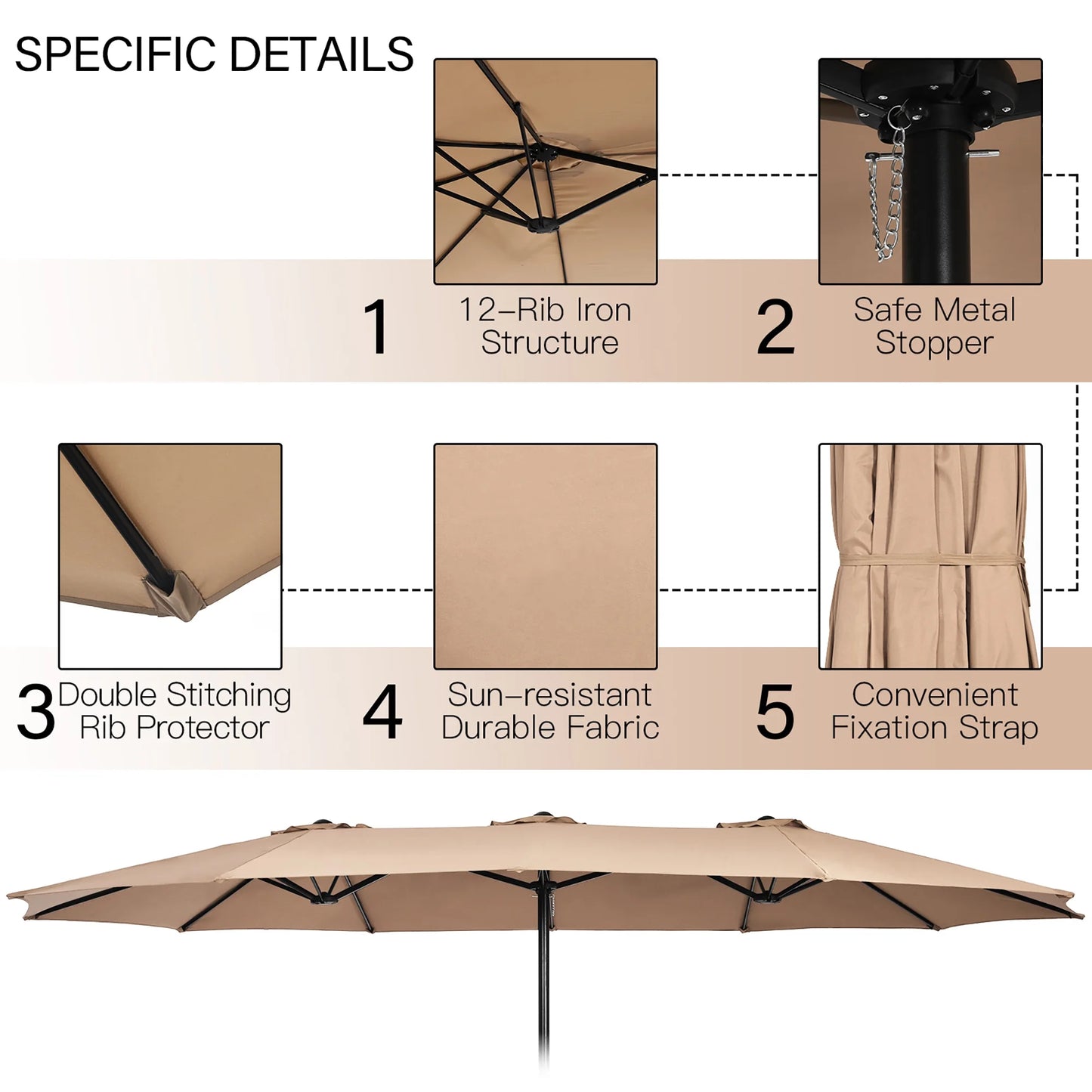 96" Coffee Rectangle Market Patio Umbrellas, Water-Resistant