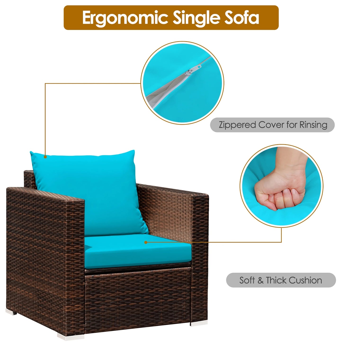 3PCS Patio Rattan Furniture Set Conversation Sofa Cushioned Turquoise