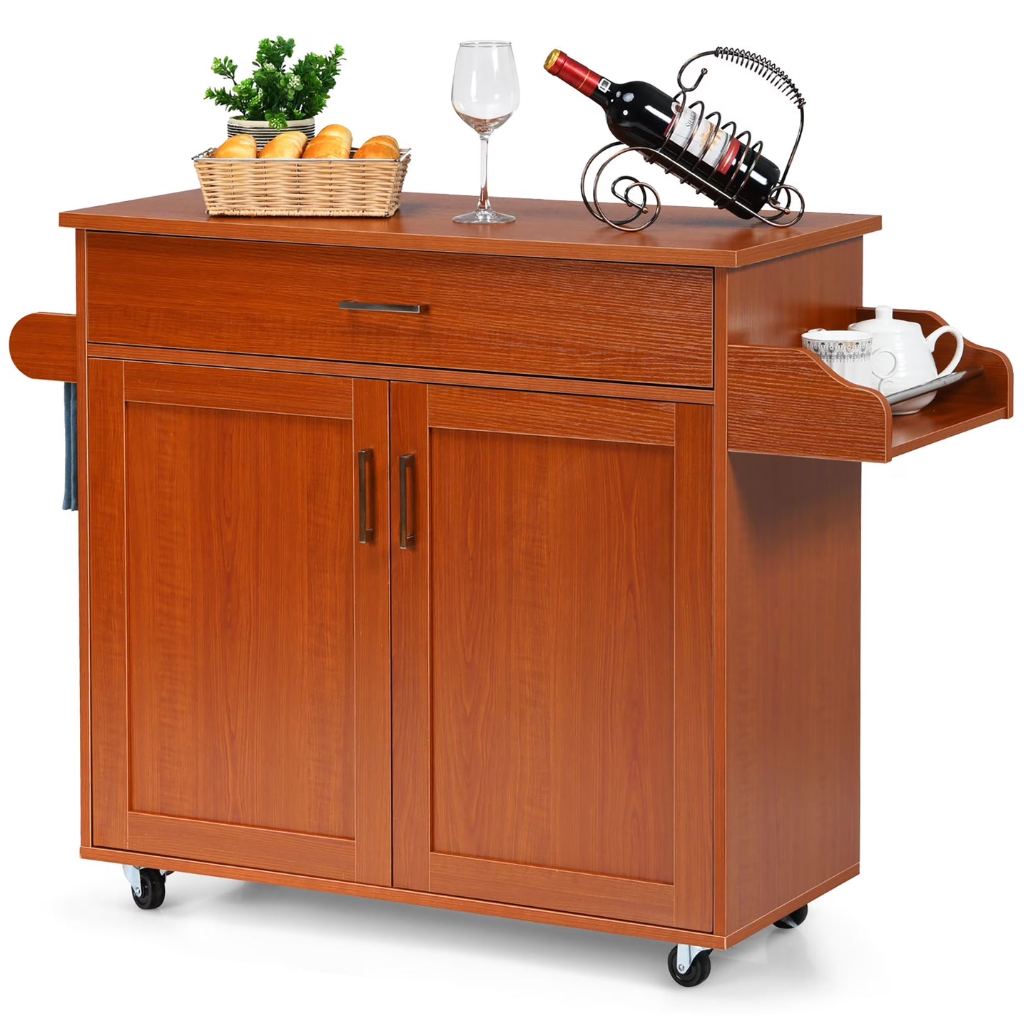 Rolling Kitchen Island Cart Storage Cabinet W/ Towel & Spice Rack White
