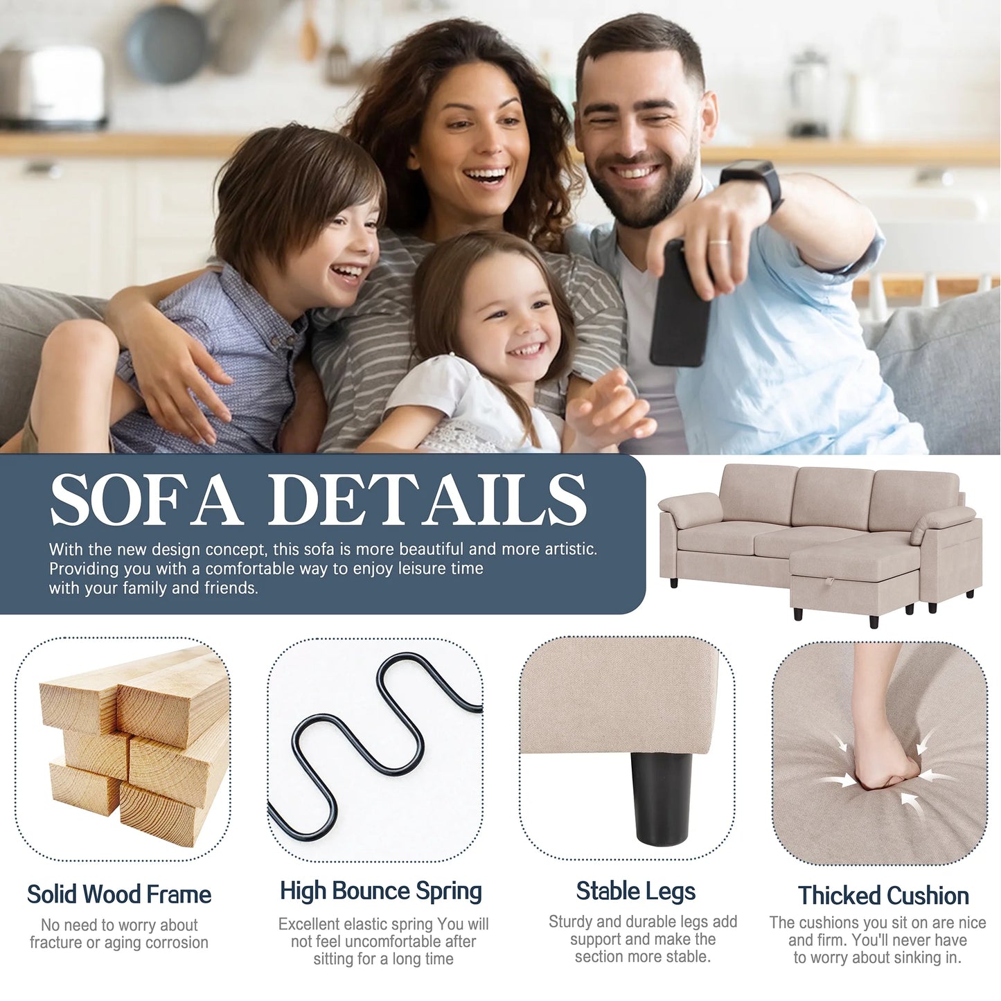Sectional Sofa with Movable Storage Ottoman, L-Shaped Convertible Sofa Couch for Small Living Room, Beige