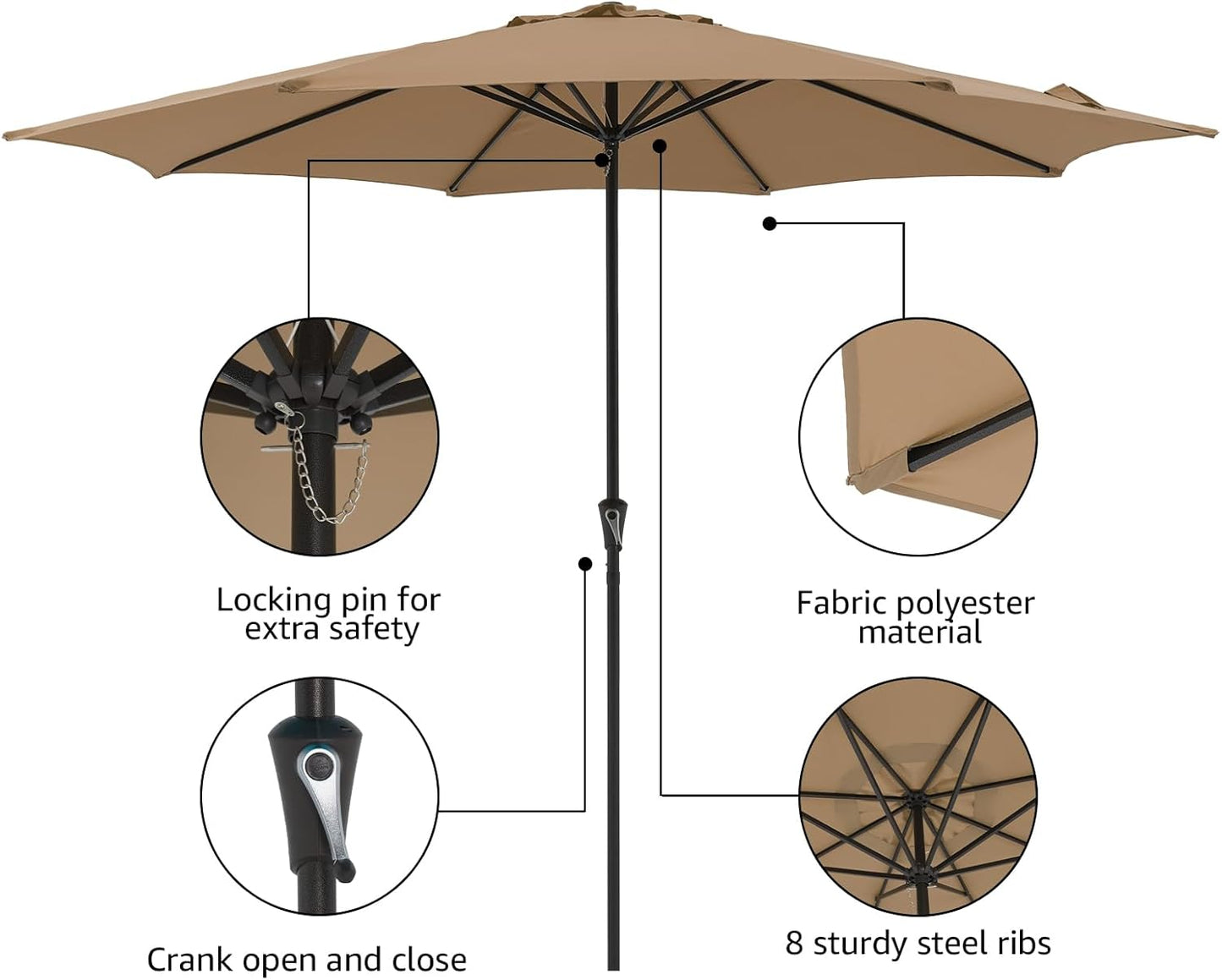 11' Patio Umbrella, Outdoor Table Market Large Umbrella with 8 Steel Ribs and Crank, Beige