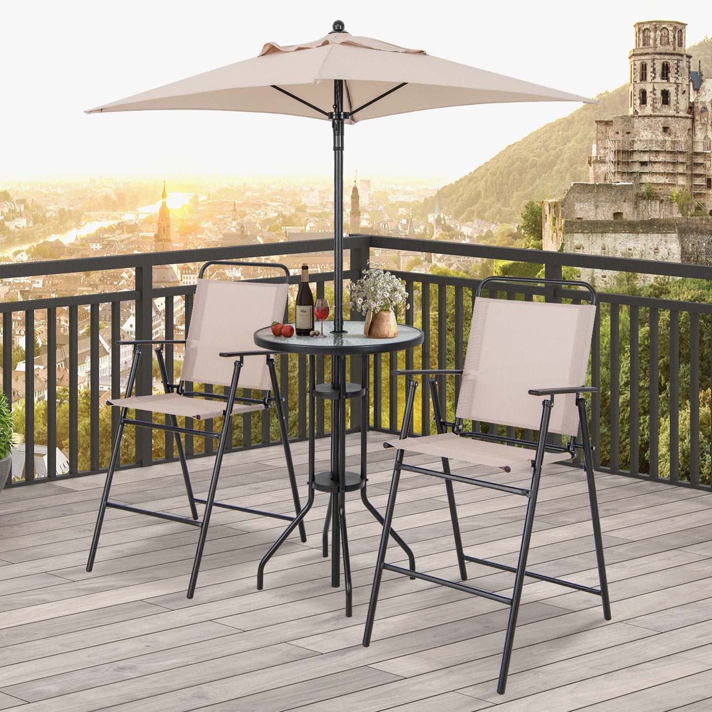 4PCS Patio Bistro Set Folding Counter Height Chairs round Bar Table& Umbrella