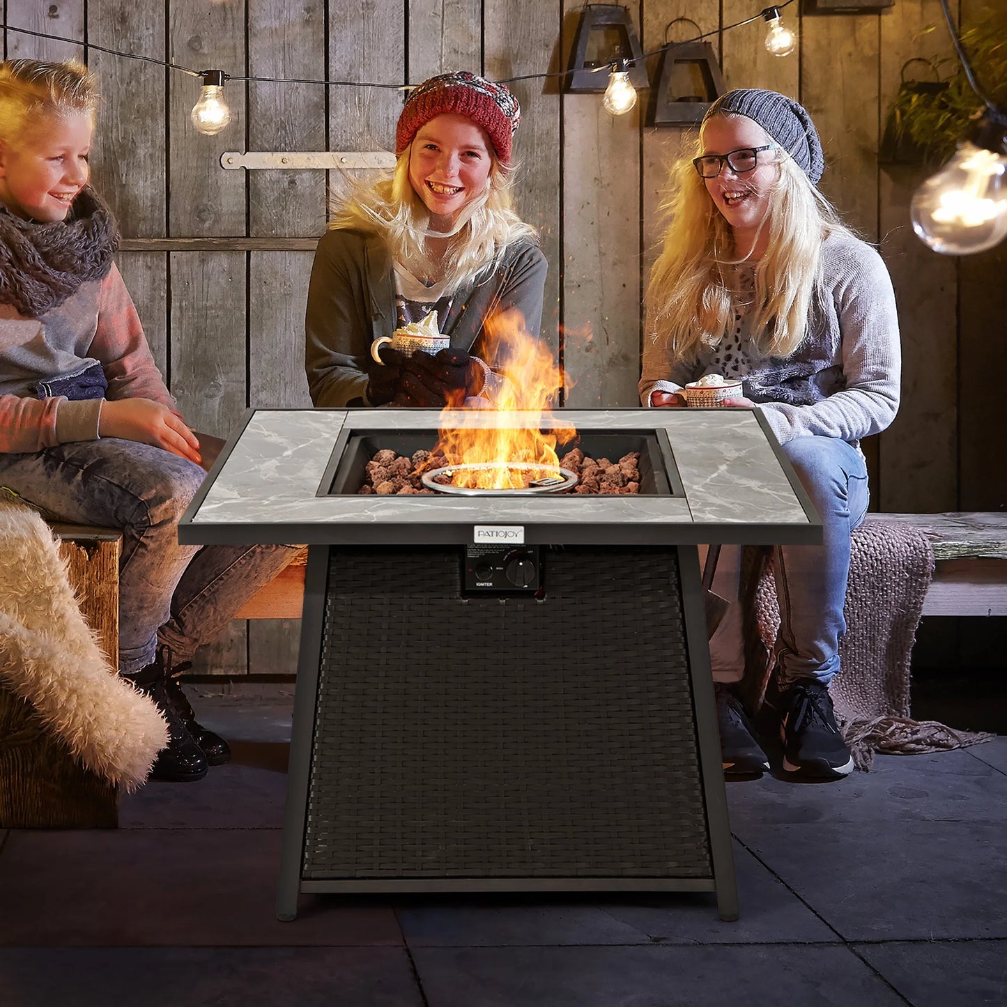35'' Propane Gas Fire Pit Table Patio PE Wicker Rattan W/ Lava Rocks PVC Cover