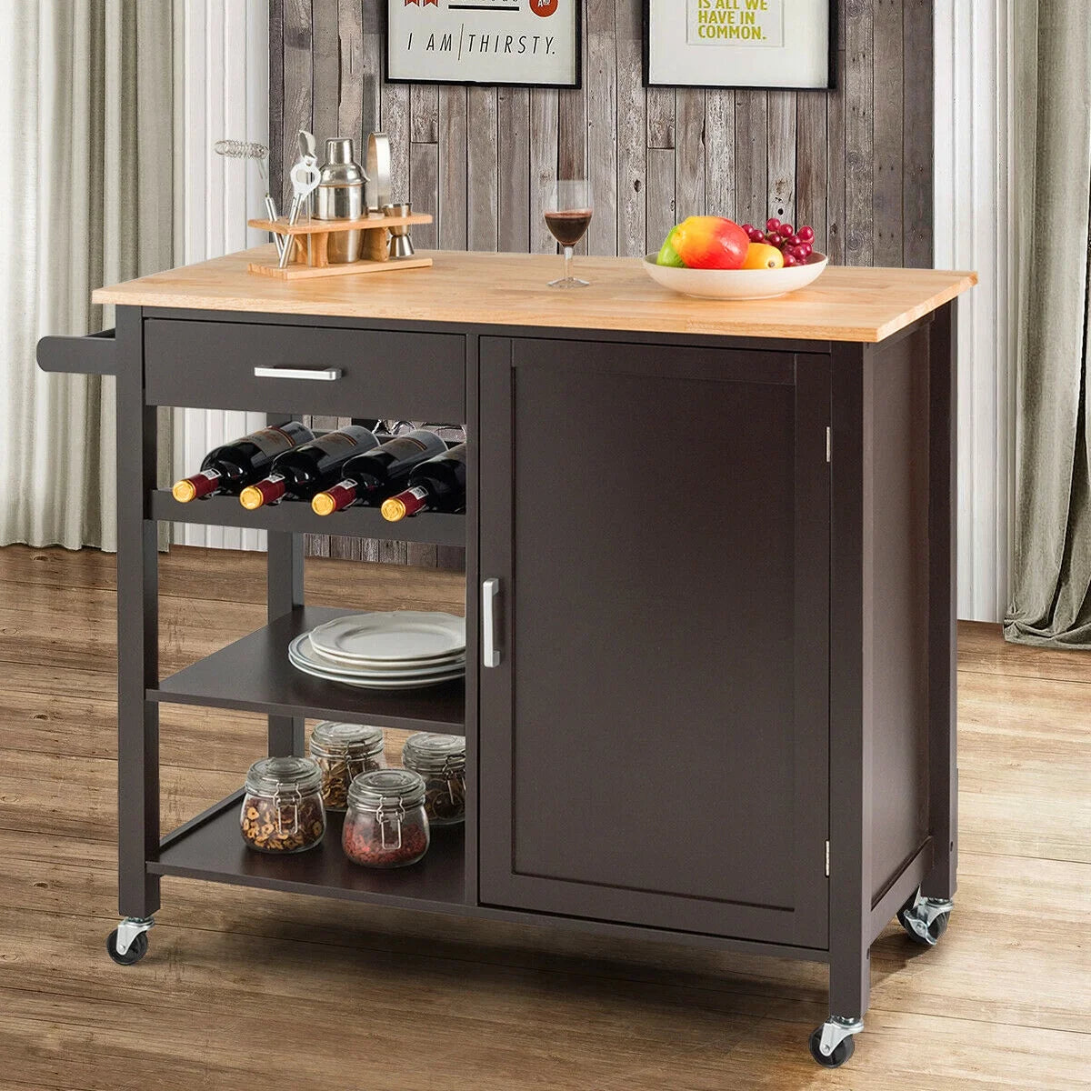 4-Tier Wood Kitchen Island Trolley Cart Storage Cabinet Brown