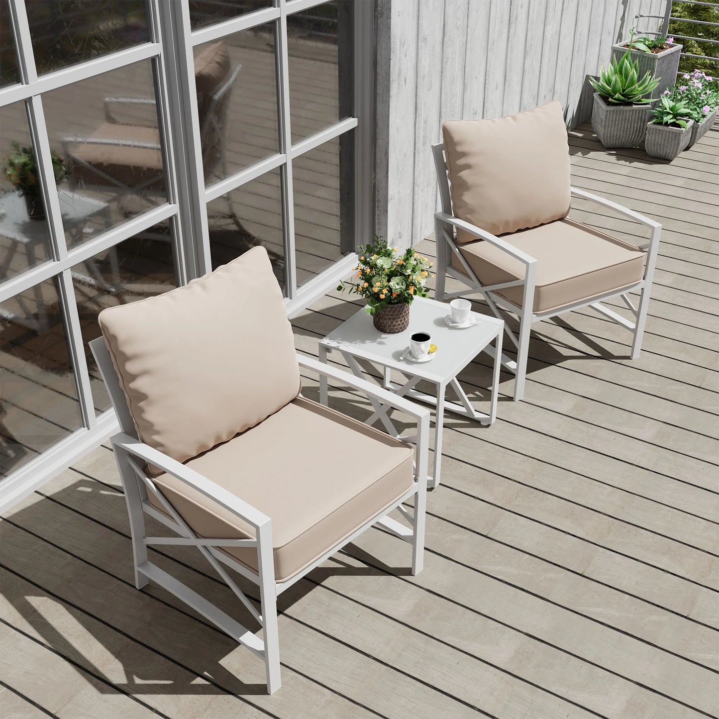 3-Piece Patio Furniture Set, Outdoor Conversation Furniture Set with Matching Side Table, Metal Sofa Chairs Detachable Cushions Khaki