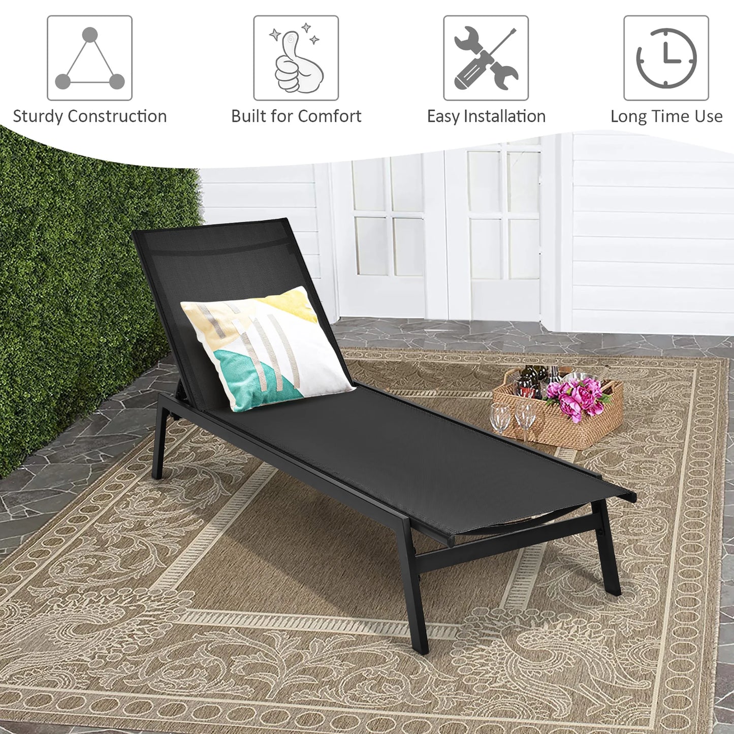 Patio Lounge Chair Chaise Recliner Back Adjustable Garden Deck Black