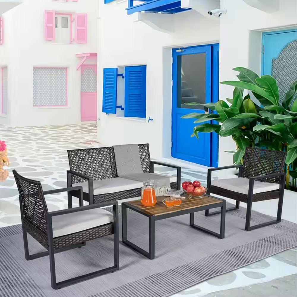 4-Piece Wicker Patio Conversation Set with Cushion, Outdoor Patio Furniture Set with Wood Table Top-Grey Cushions