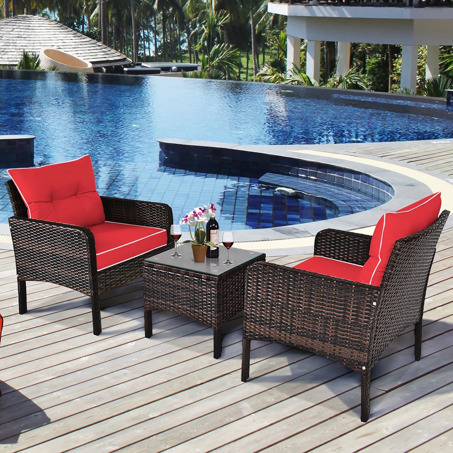 3PCS Outdoor Rattan Conversation Set Patio Furniture Cushioned Sofa Chair Red