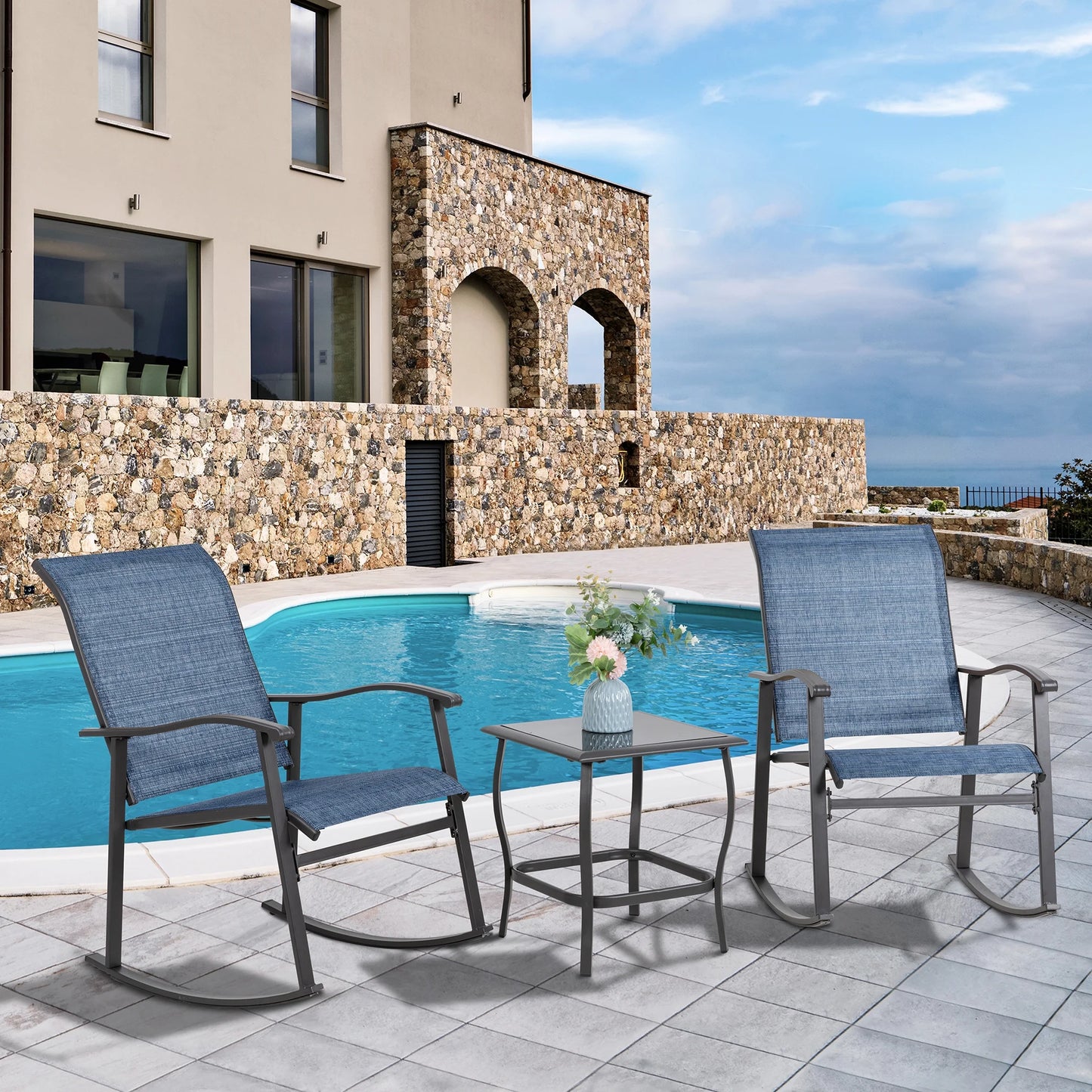 3 Pieces Rocking Bistro Patio Furniture Rocker Set with 2 Outdoor Rocking Chairs and 1 Glass Coffee Table for Porch Deck Lawn,Deep Blue