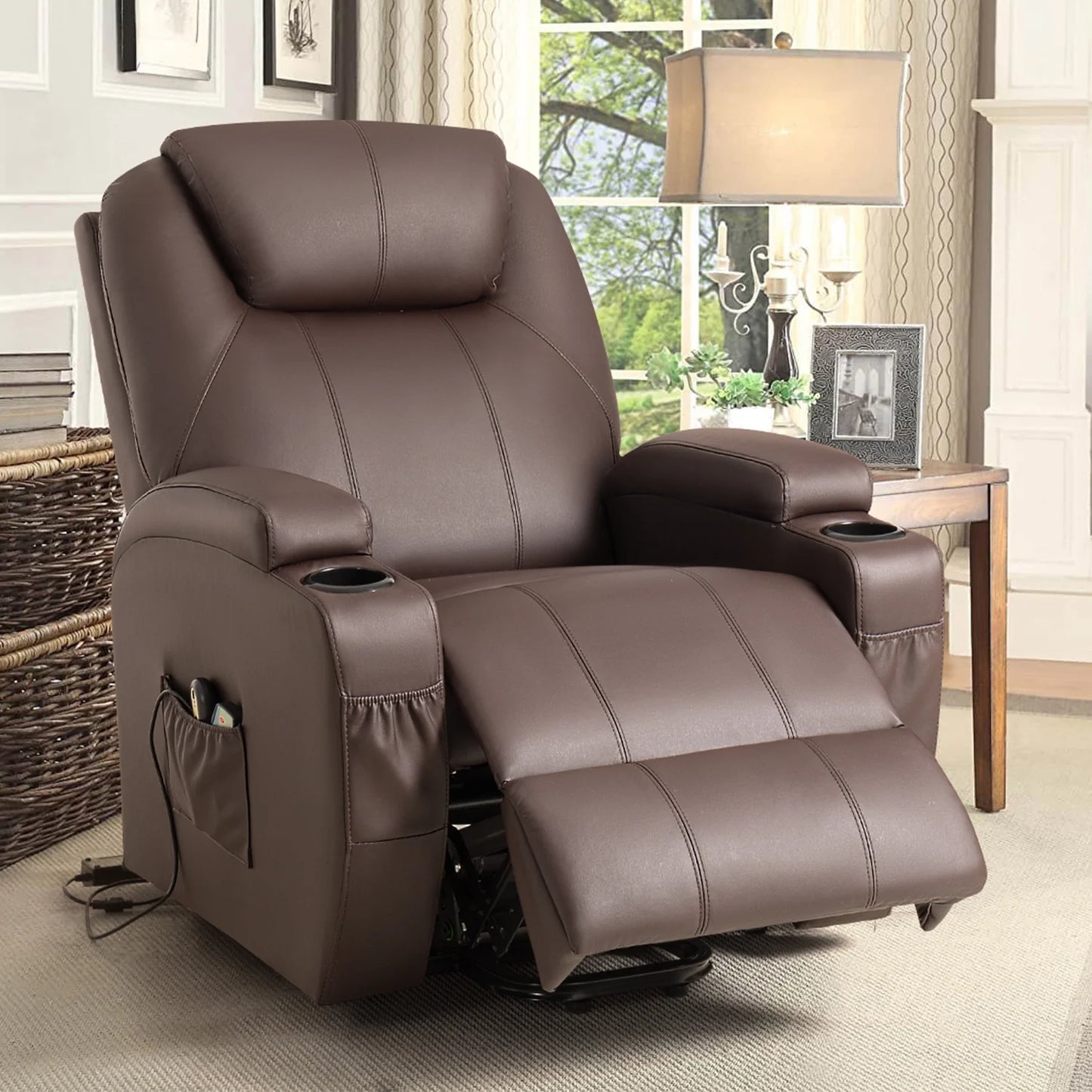 Electric Reclining Chair Elderly Lift Recliner with Massage Faux Leather,Brown
