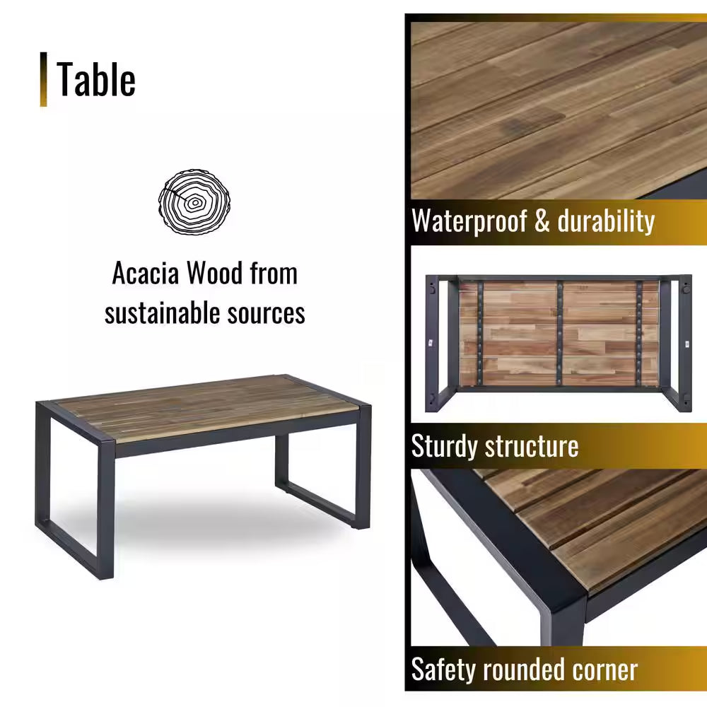 4-Piece Wicker Patio Conversation Set with Cushion, Outdoor Patio Furniture Set with Wood Table Top-Grey Cushions