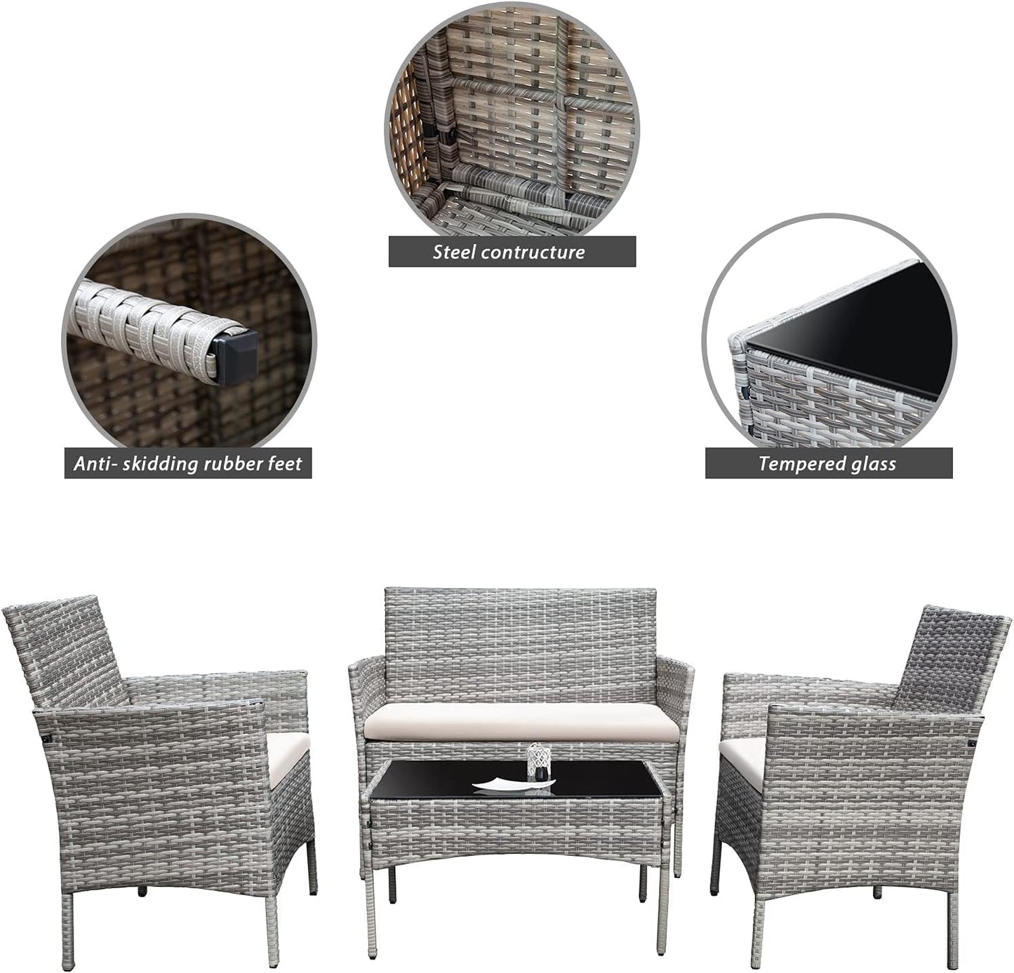 4 Pieces Outdoor Patio Furniture Sets Rattan Chair Wicker Set,Outdoor Indoor Use Backyard Porch Garden Poolside Balcony Furniture (Grey and Beige)