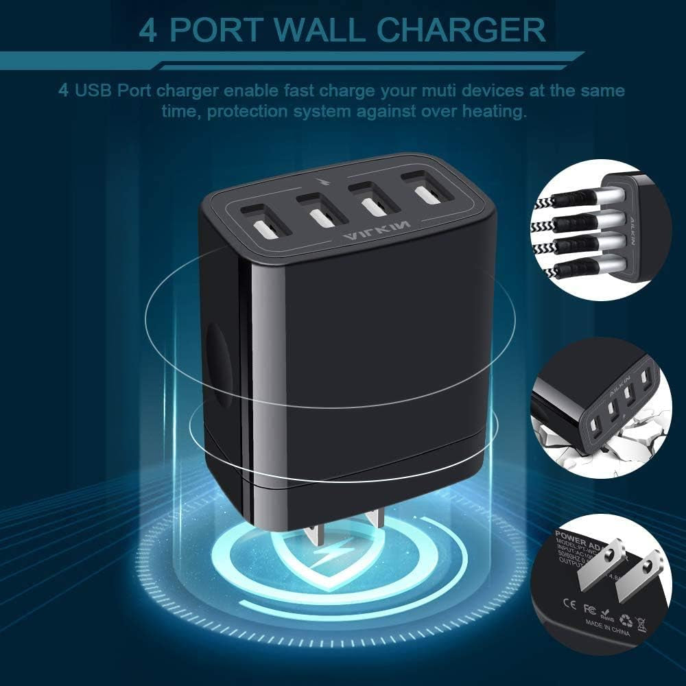 Wall Charger, USB Charger Adapter, 4.8A 4Multi Port Fast Charging Station Power Base Block Plug Cube Brick for Iphone 17 16 15 14 SE 13 12 11Pro Max/X/Plus, Samsung A16/A17/S25/S24 Kindle Plug