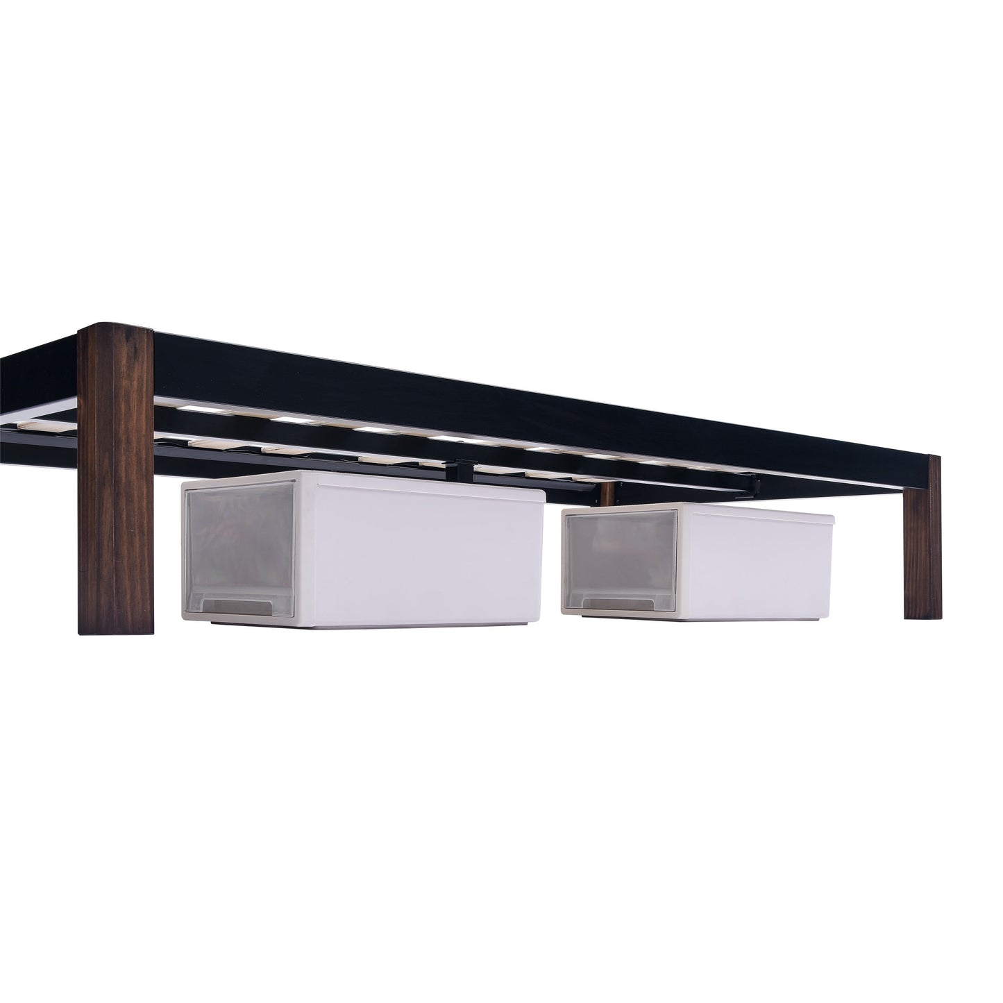 Queen 14" Metal Platform Bed Frame with Wood Slats, Storage Space under Frame, No Box Spring Required, Black/Wood