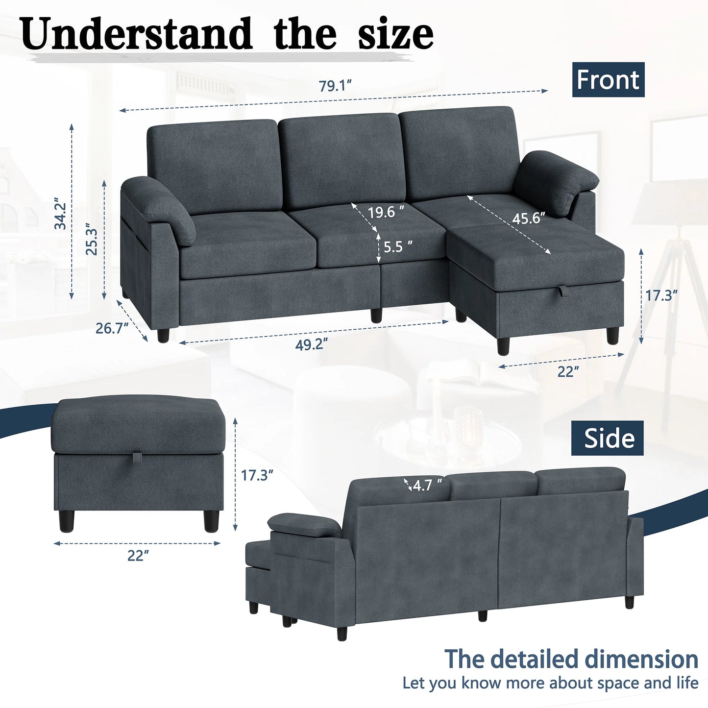 79.1" Sectional Sofa with Movable Storage Ottoman, L-Shaped Convertible Sofa Couch for Small Living Room, Dark Gray