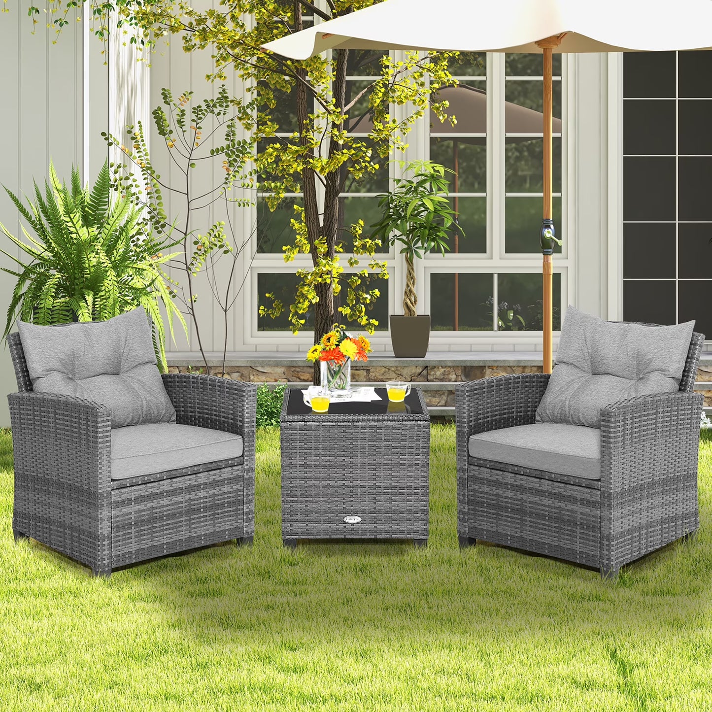 3PCS Patio Rattan Furniture Bistro Set Cushioned Sofas Side Table Armrest Navy
