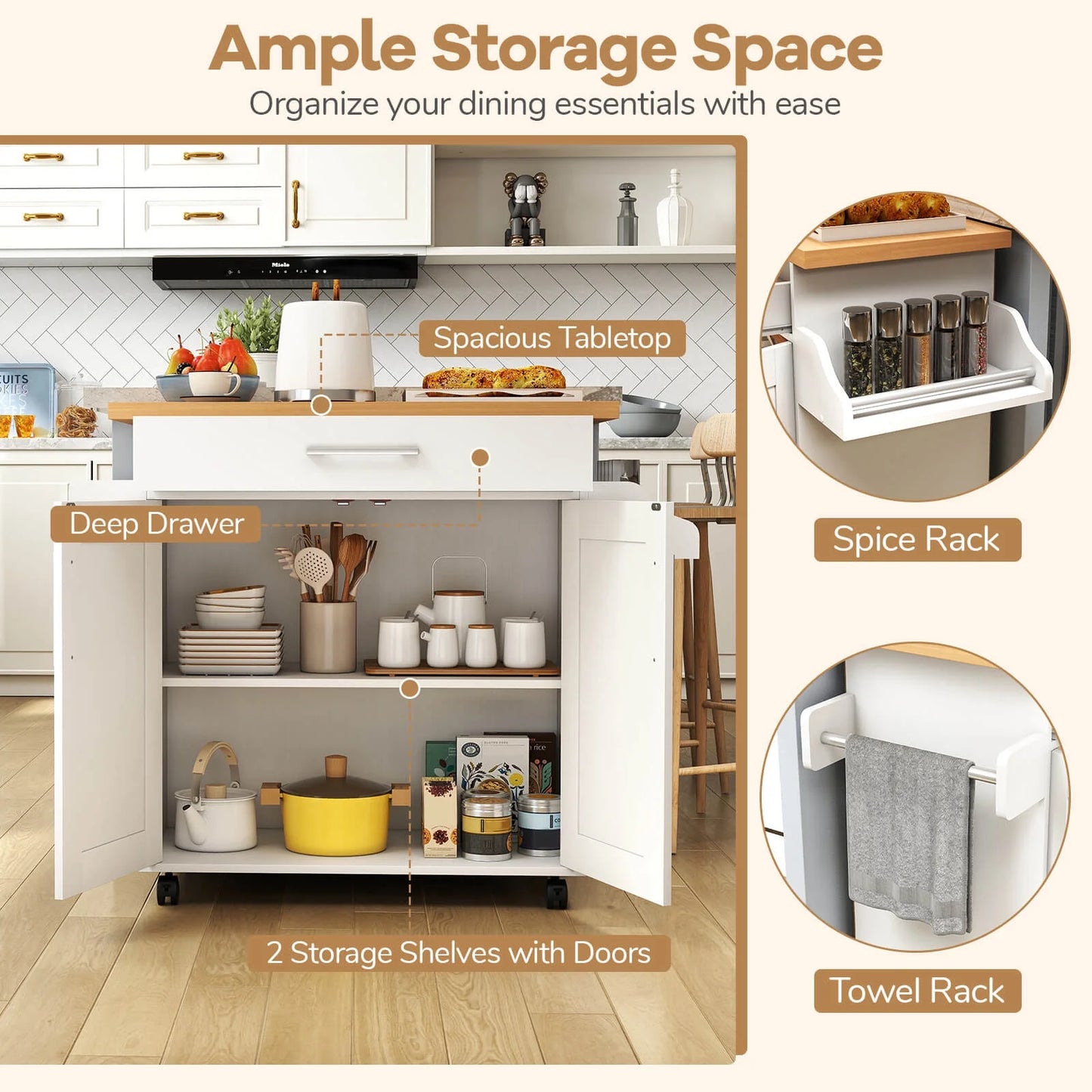 Rolling Kitchen Island Cart Storage Cabinet W/ Towel & Spice Rack White