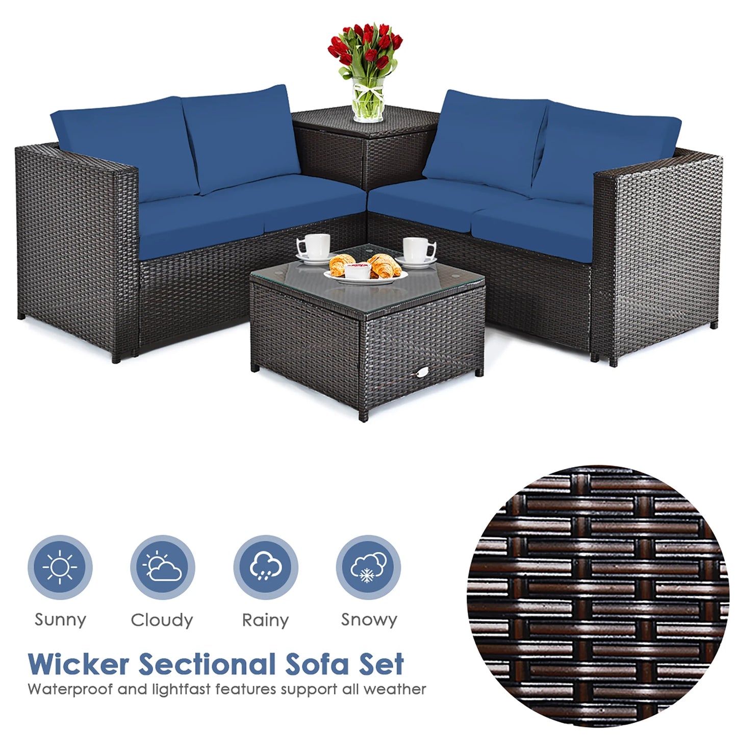 4PCS Patio Rattan Furniture Set Cushioned Loveseat Storage Table Navy