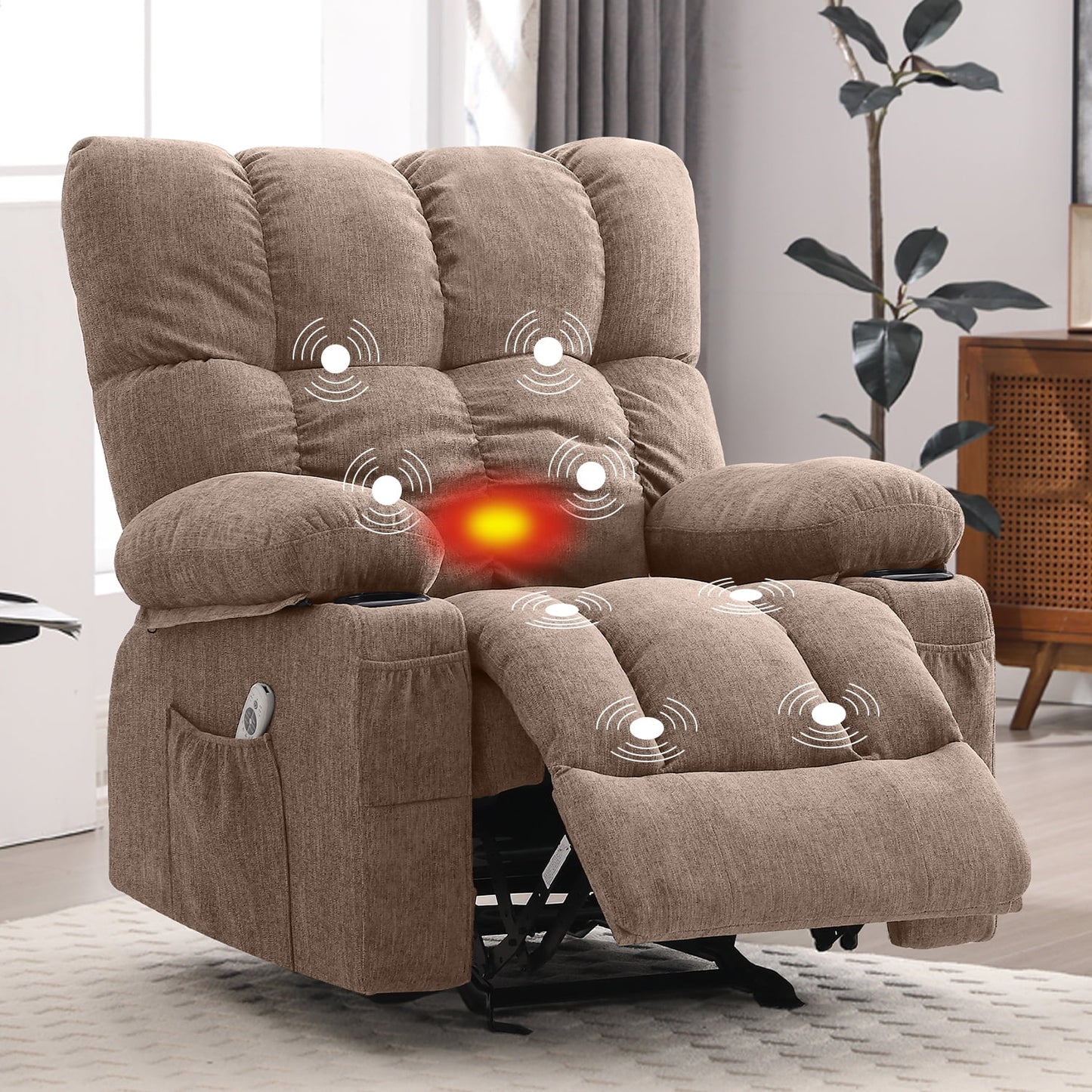 Manual Recliner Chair with Heat Therapy and Massage Function, Heavy Duty Reclining Mechanism Massage Chair, Elderly Single Rocker Sofa with Cup Holders for Bedroom Home Theater,Grey