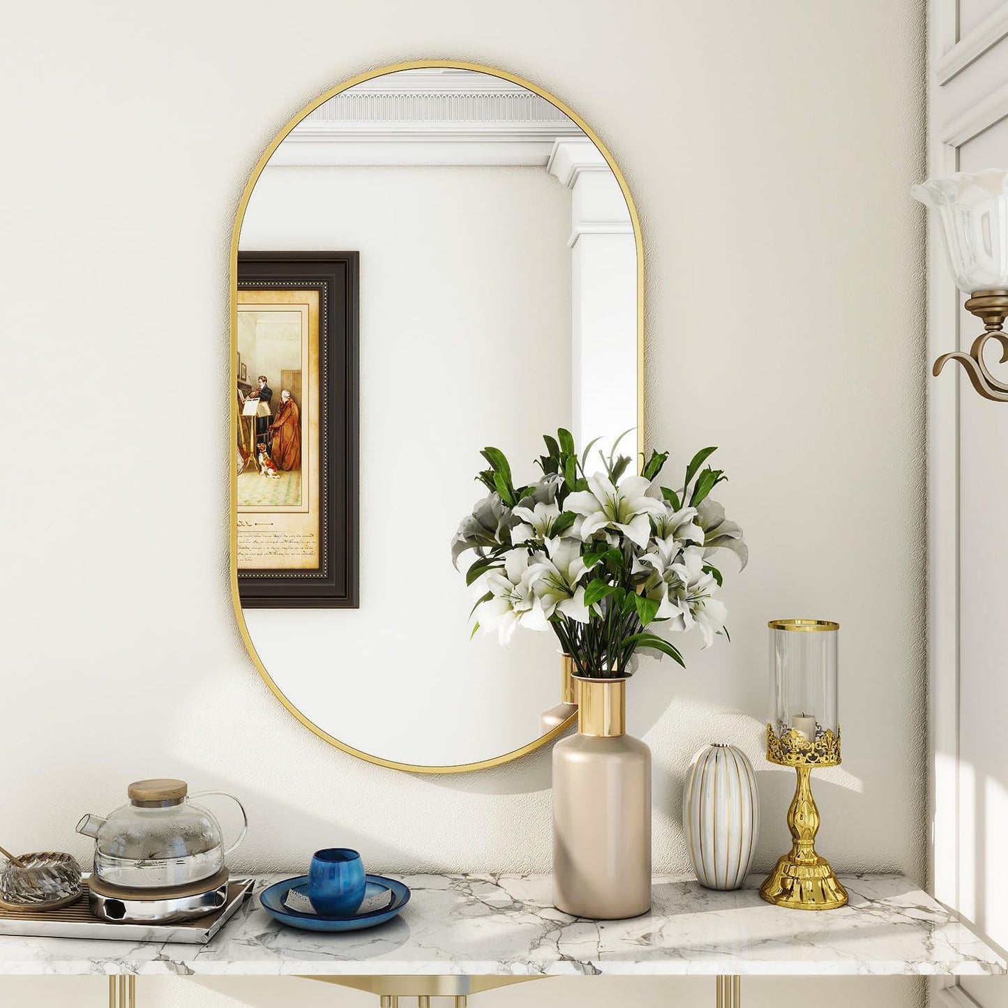 Wall Mounted Mirror, 17"X30" Oval Bathroom Mirror with Metal Frame, Vertical & Horizontal Hang, Ideal for Bedroom, Entryway, Living Room, Gold