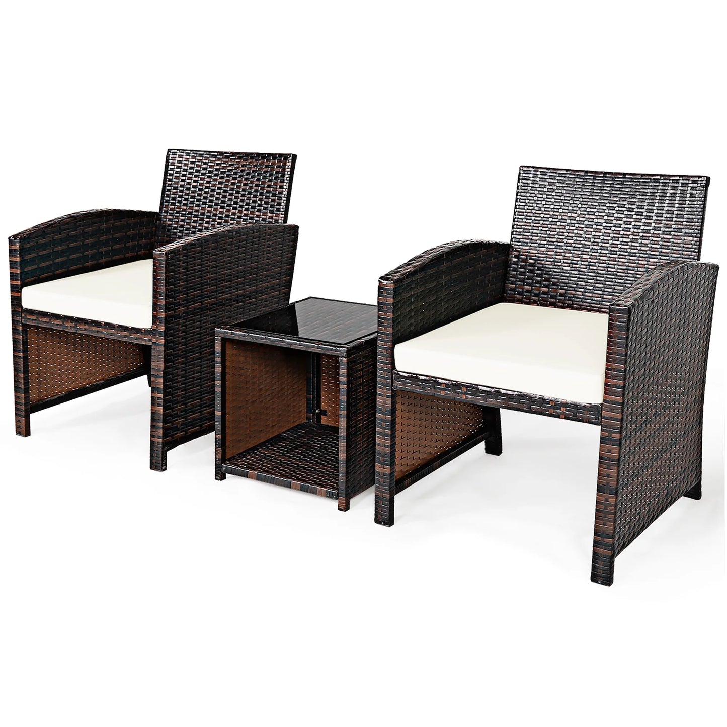 3PCS Patio Rattan Wicker Furniture Cushion Sofa Coffee Table White