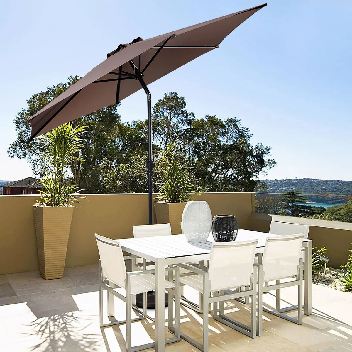 9Ft Patio Umbrella Patio Market Steel Tilt W/ Crank Outdoor Yard Garden (Tan)