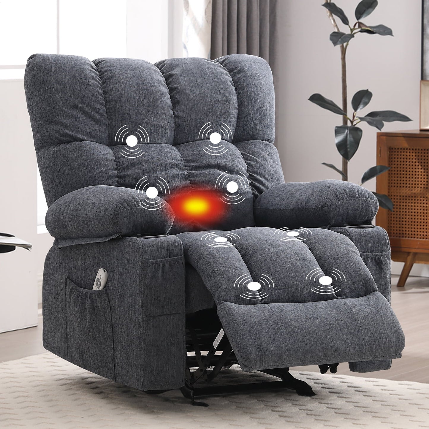 Manual Recliner Chair with Heat Therapy and Massage Function, Heavy Duty Reclining Mechanism Massage Chair, Elderly Single Rocker Sofa with Cup Holders for Bedroom Home Theater,Grey