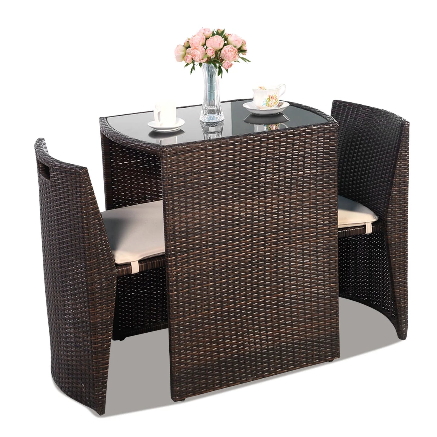 3 PCS Cushioned Outdoor Wicker Patio Set Garden Lawn Sofa Furniture Seat Brown No Assembly