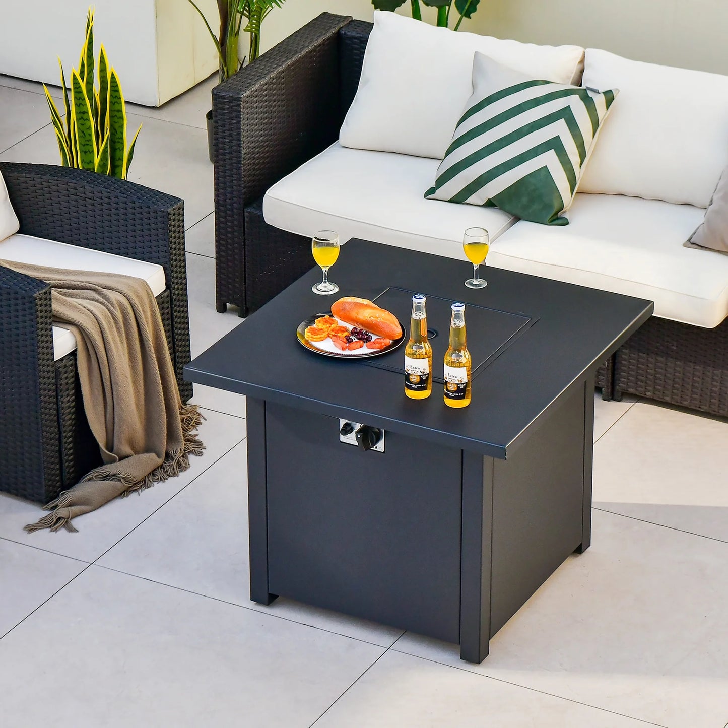 32'' Square Propane Gas Fire Pit Table with Glass Stones Rain Cover 50,000 BTU