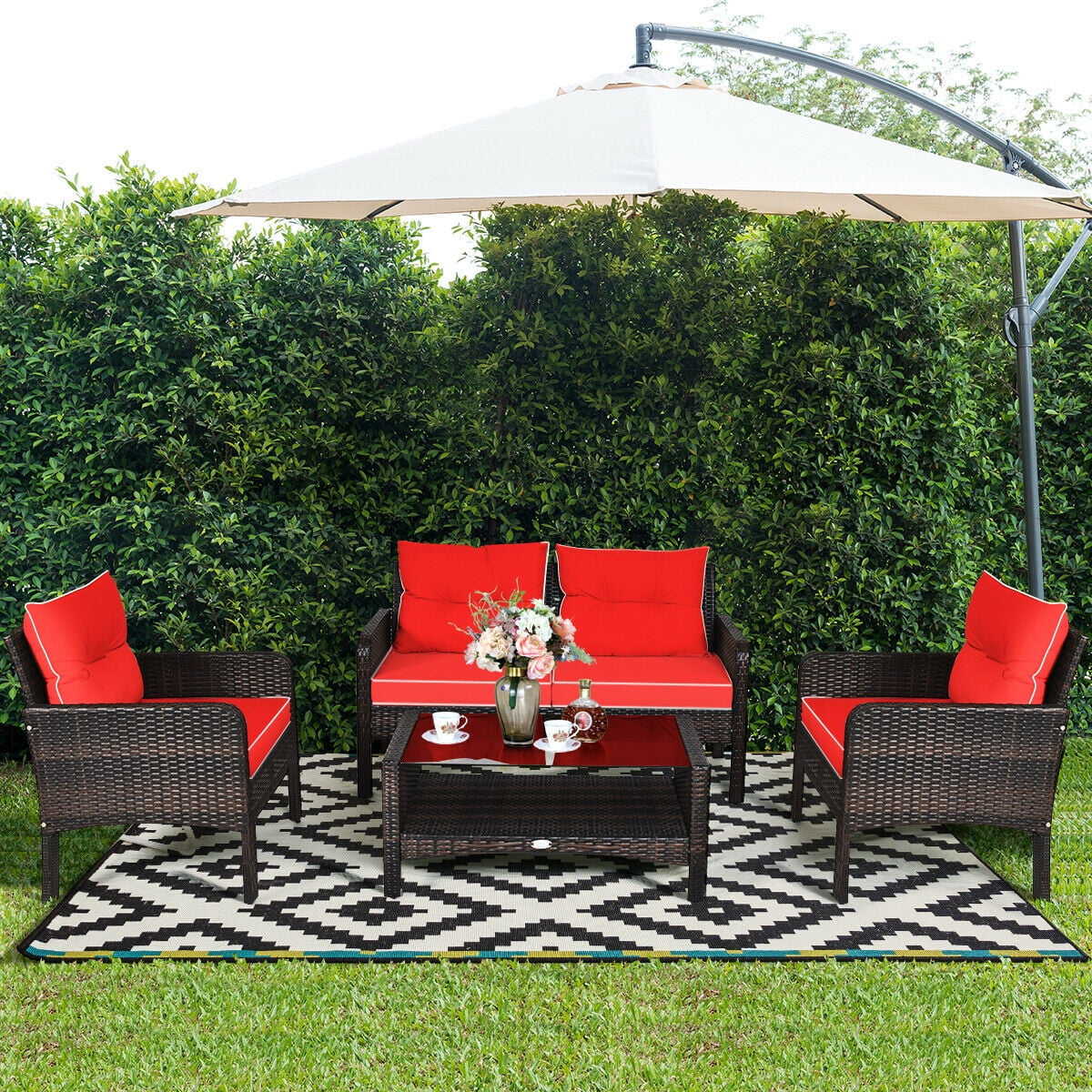 4PCS Patio Rattan Furniture Set Loveseat Sofa Coffee Table Garden W/Red Cushion