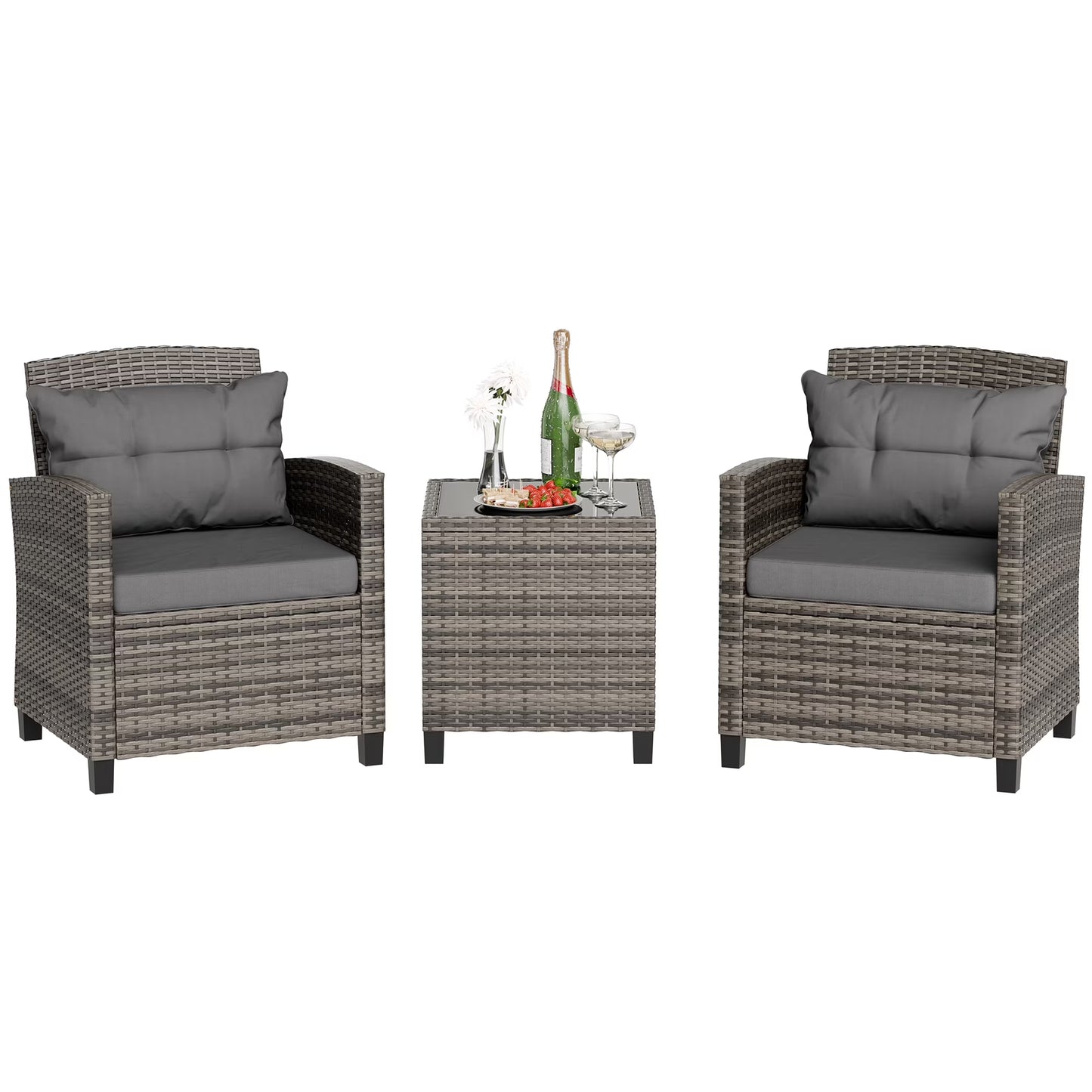 3 Pieces Outdoor Rattan Wicker Patio Furniture Set PE Chairs and Table Set