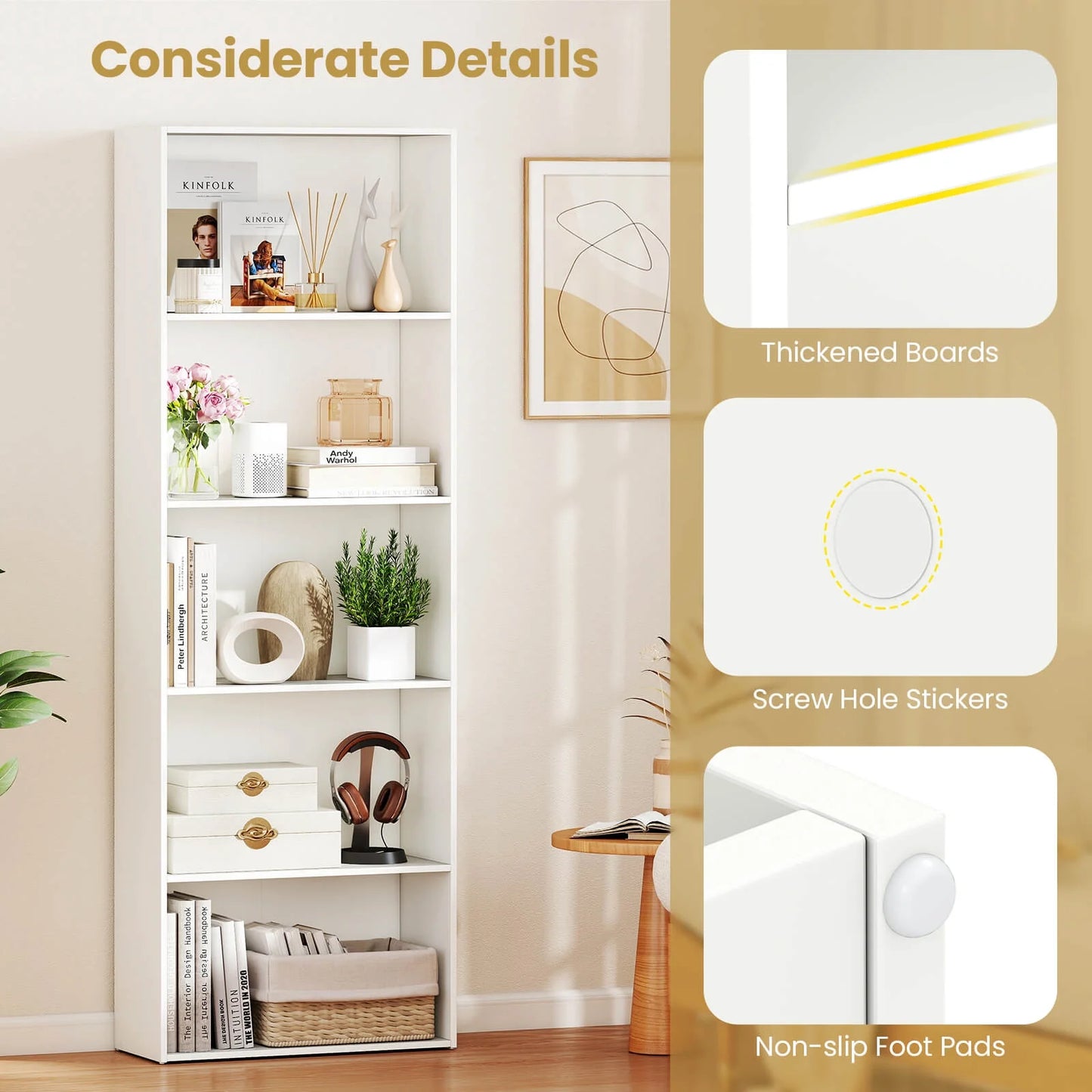 5-Shelf Storage Bookcase Modern Multi-Functional Display Cabinet Furniture White