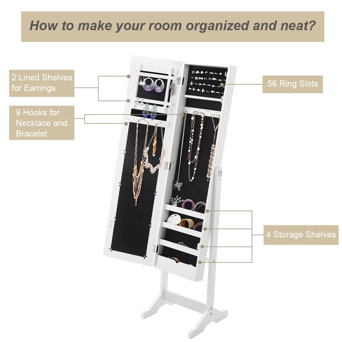 Mirrored Jewelry Cabinet Mirror Organizer Storage Ring Stand