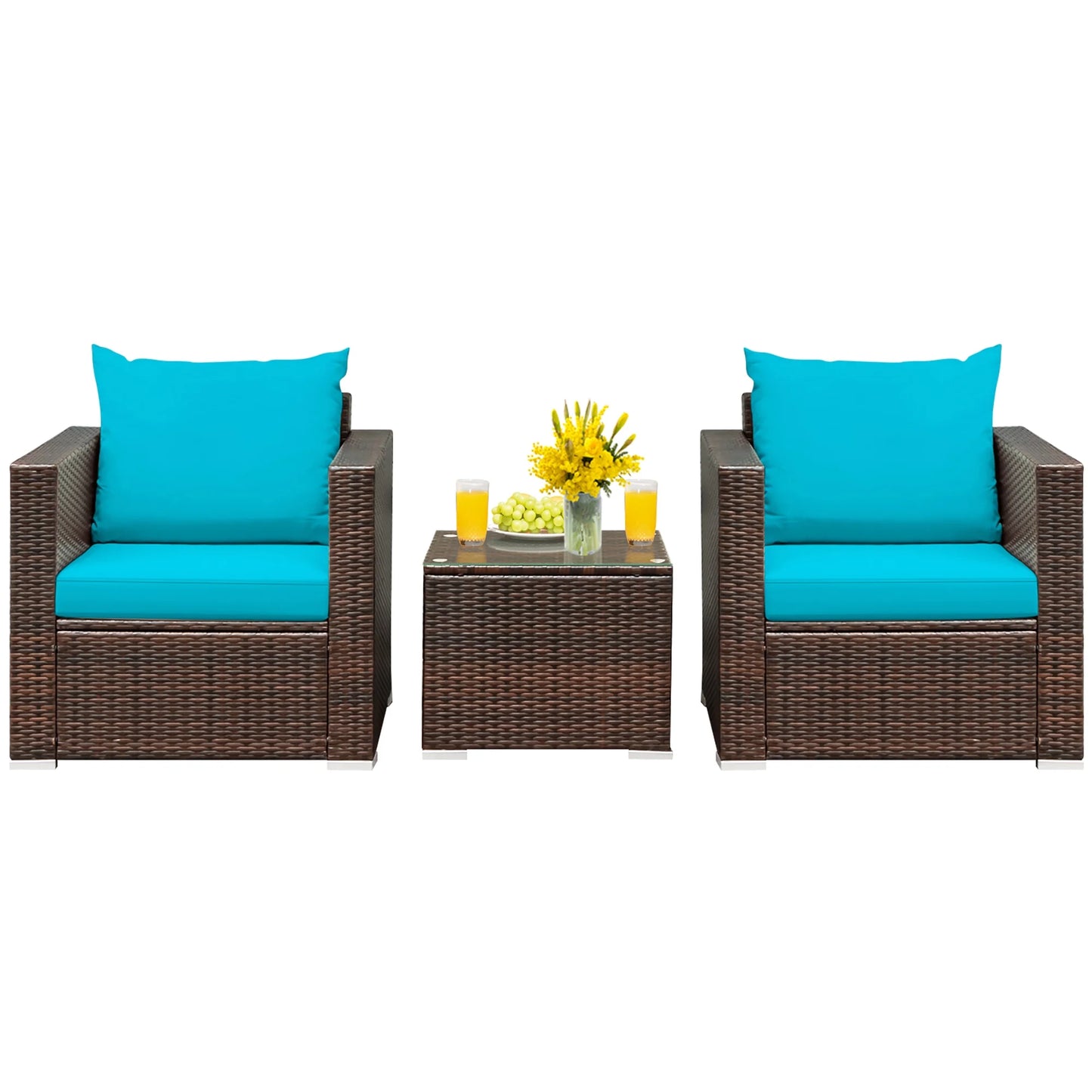 3PCS Patio Rattan Furniture Set Conversation Sofa Cushioned Turquoise