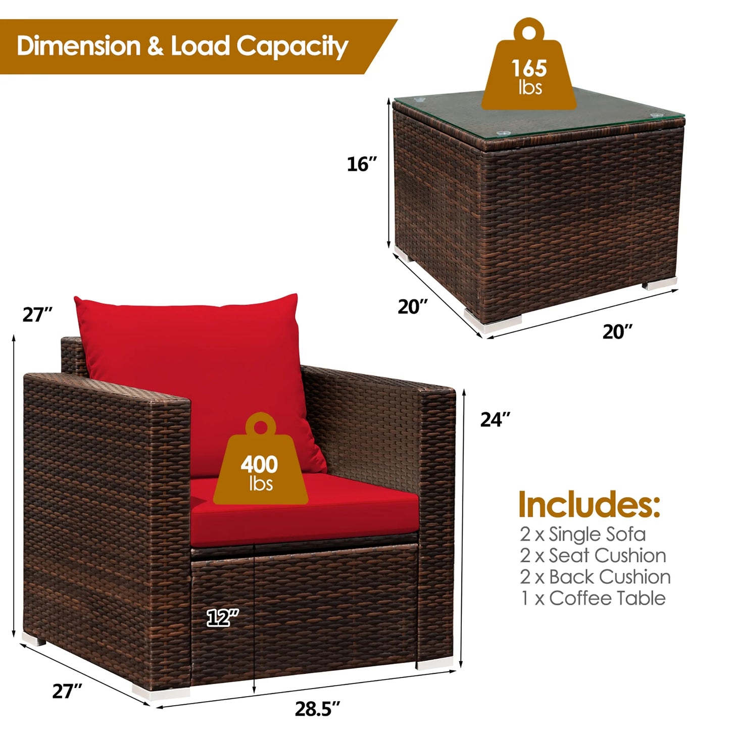 3PCS Patio Rattan Furniture Set Conversation Sofa Cushioned Garden Red