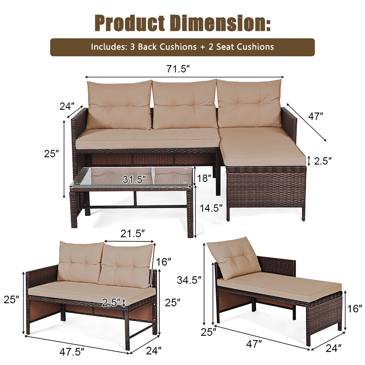 3PCS Outdoor Rattan Sofa Set