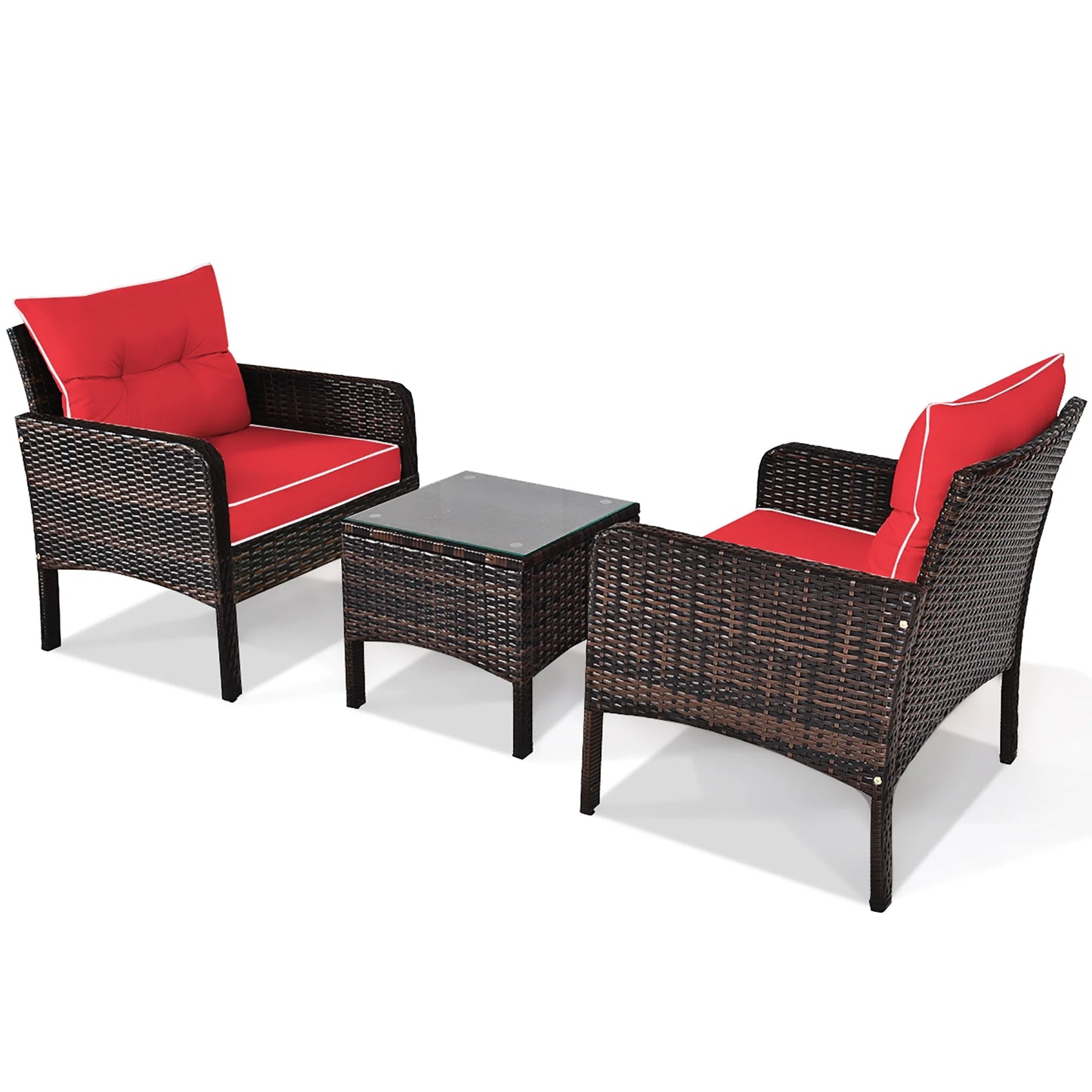 3PCS Outdoor Rattan Conversation Set Patio Furniture Cushioned Sofa Chair Red