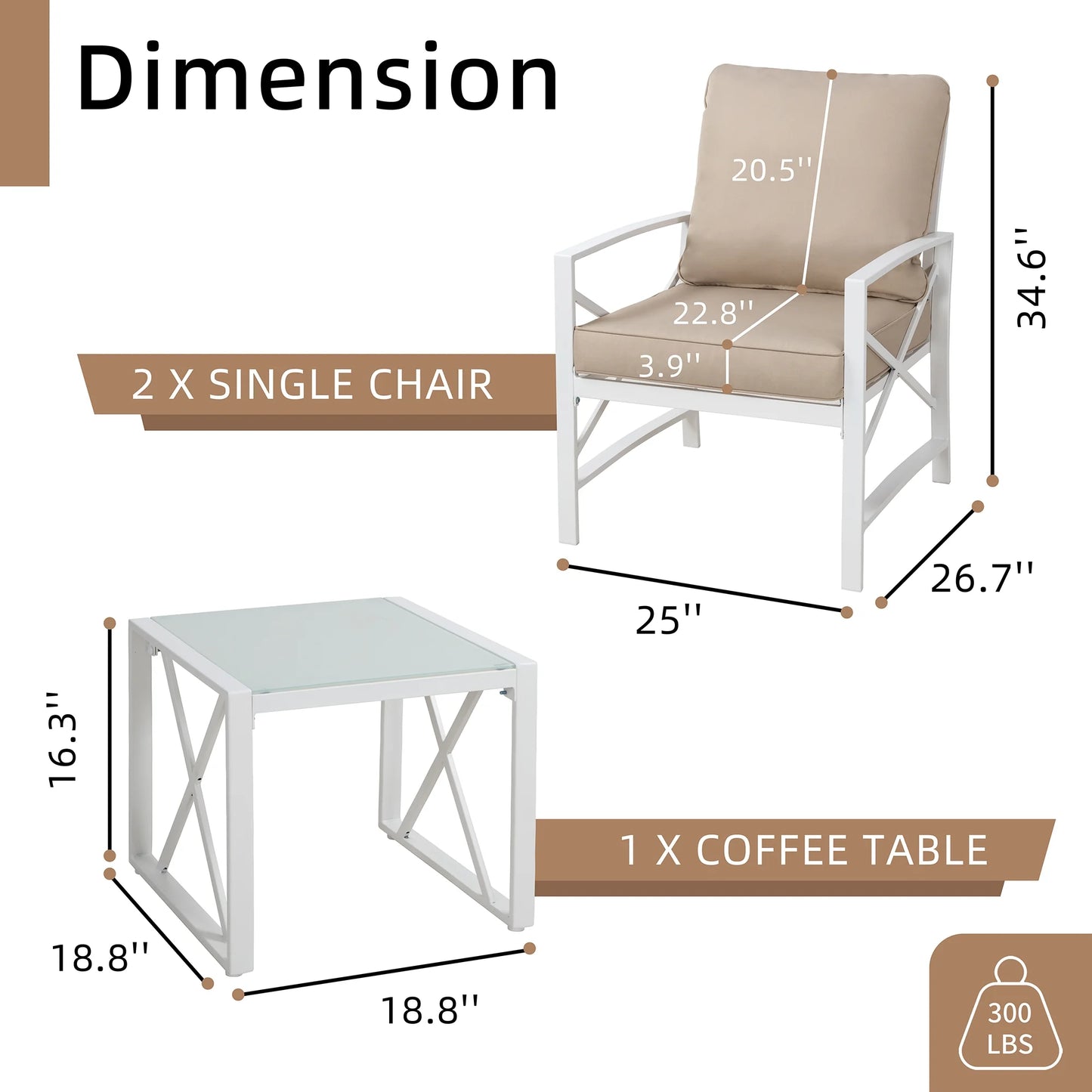 3-Piece Patio Furniture Set, Outdoor Conversation Furniture Set with Matching Side Table, Metal Sofa Chairs Detachable Cushions Khaki