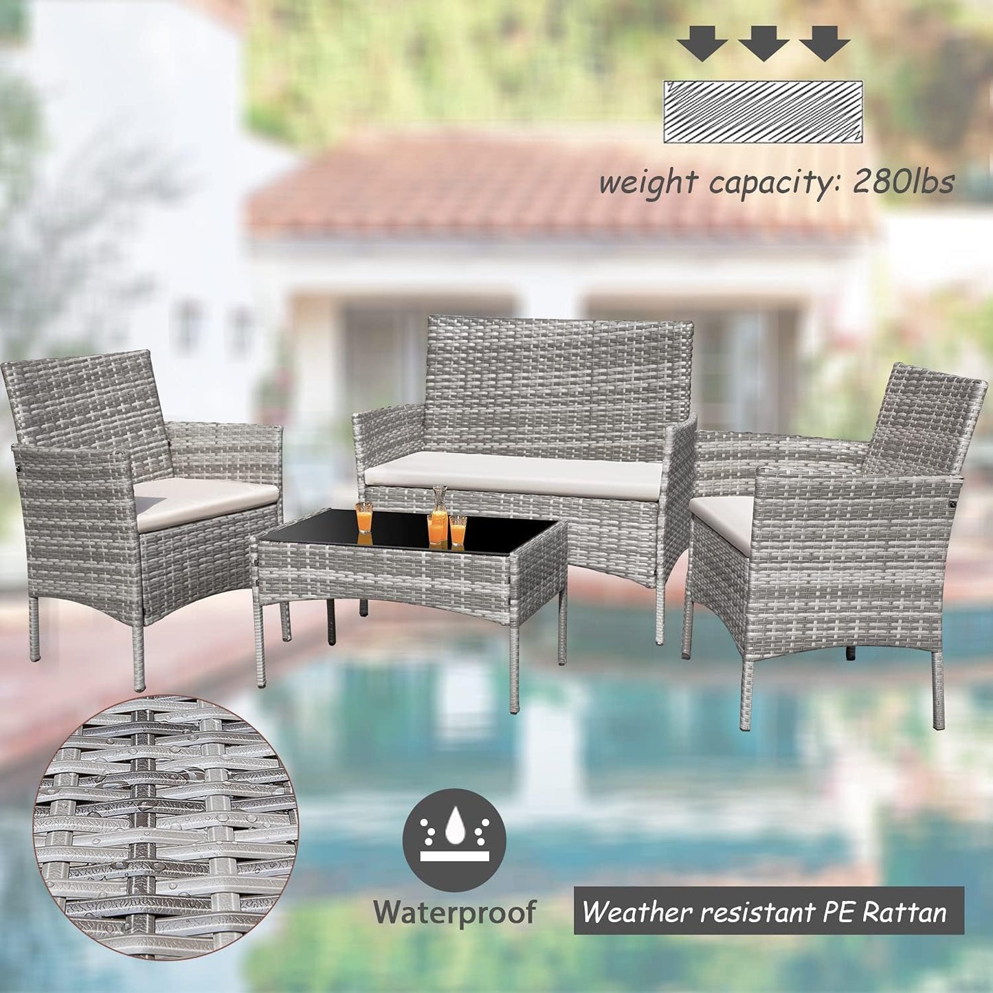 4 Pieces Outdoor Patio Furniture Sets Rattan Chair Wicker Set,Outdoor Indoor Use Backyard Porch Garden Poolside Balcony Furniture (Grey and Beige)