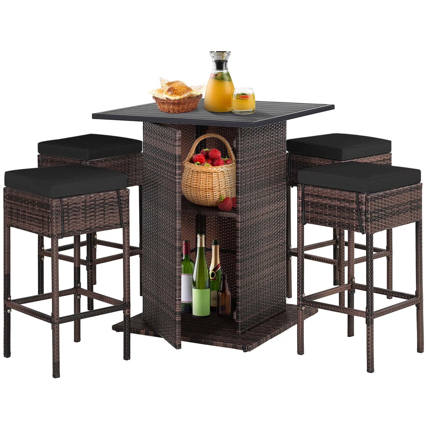 5PCS Patio Rattan Bar Table Stool Set Hidden Storage Shelf Cushioned Navy