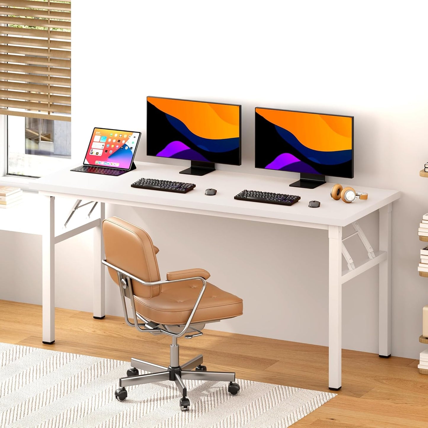 Computer Desk 62 Inches Office Desk Computer Table Study Writing Desk Workstation for Home Office Metal Frame No Install Needed White and White