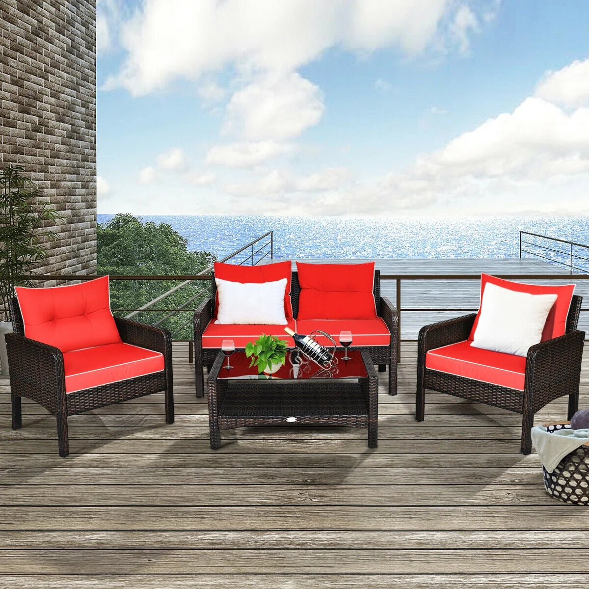 4PCS Patio Rattan Furniture Set Loveseat Sofa Coffee Table Garden W/Red Cushion