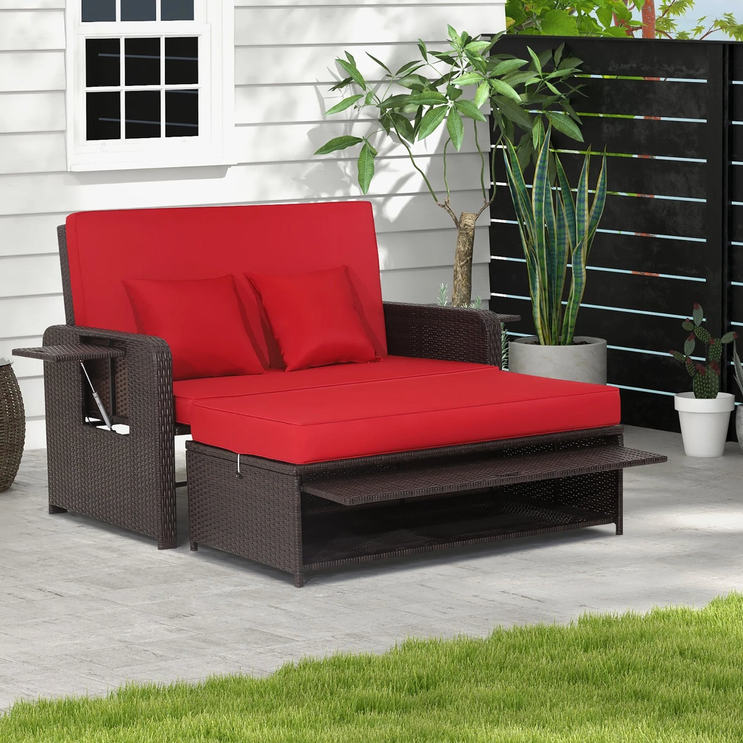 Patio Rattan Loveseat Set Daybed Lounge Storage Ottoman Side Tables Adjust Gray