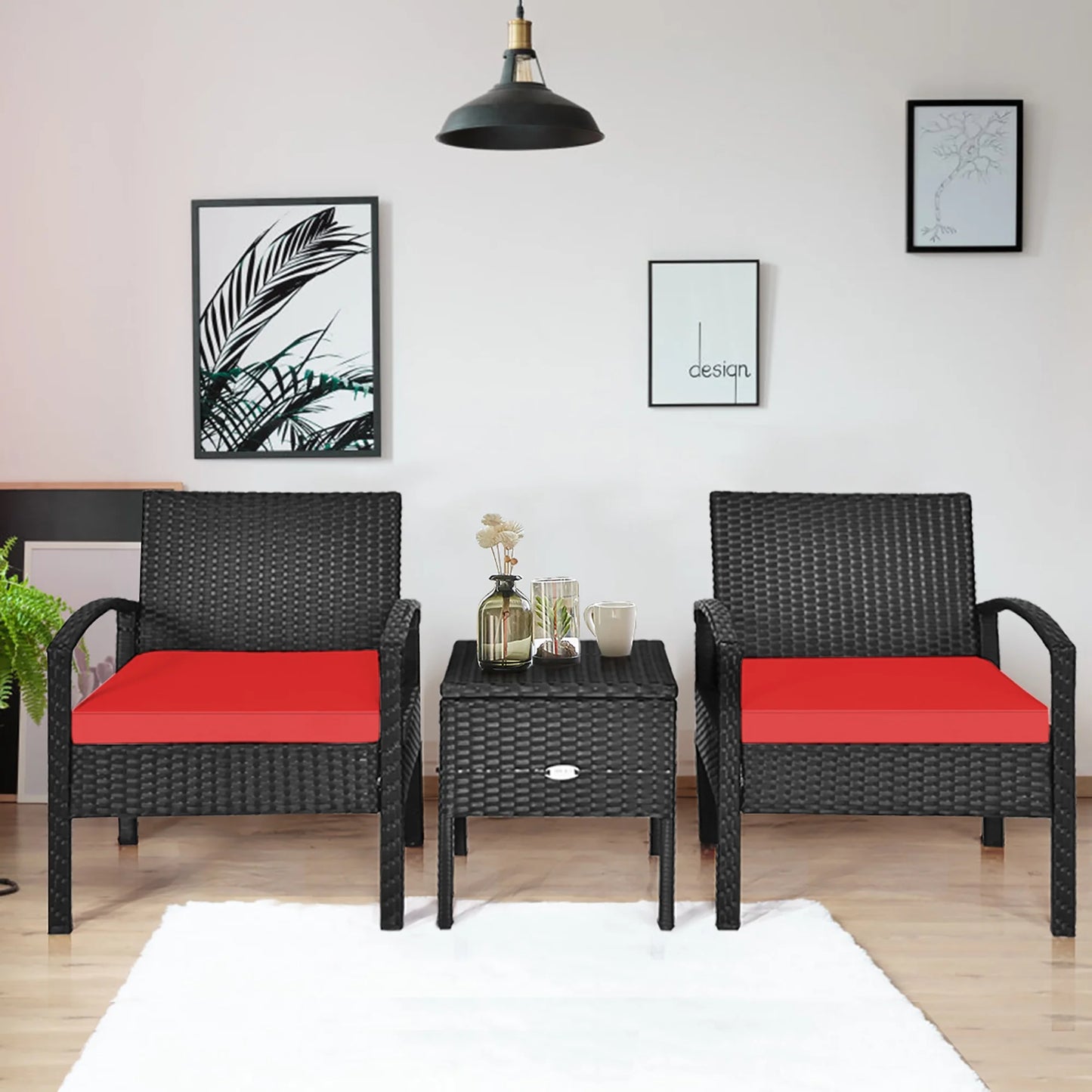 3PCS Patio Rattan Furniture Set Storage Table Cushioned Sofa Deck Red
